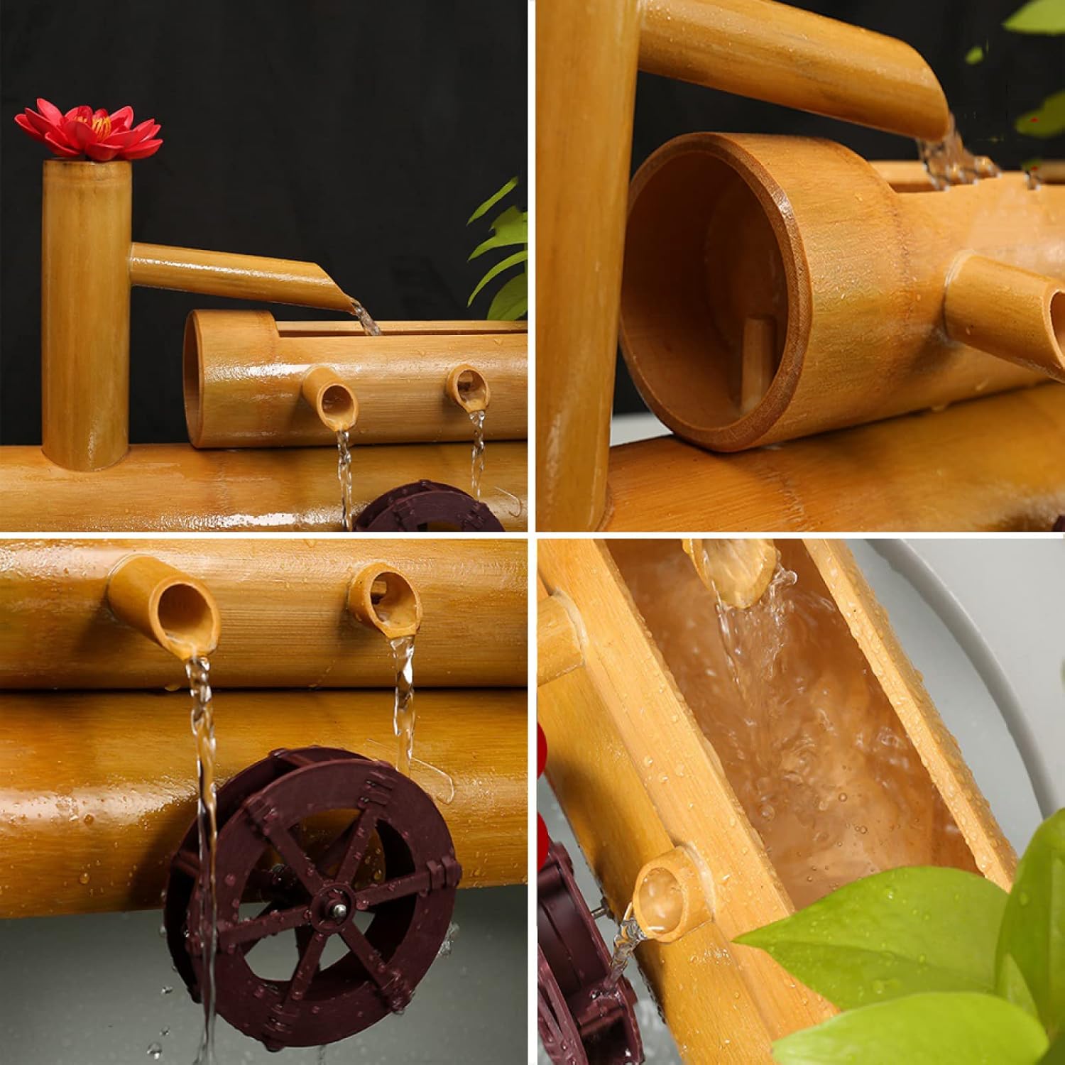Bamboo Fountain Kit,Zen Garden Solar Bamboo Water Fountain Simple Bird Bath Zen Pond with Waterwheel, Bamboo Fountain Bamboo Flowing Water Courtyard Decoration, for Fish Tank, P