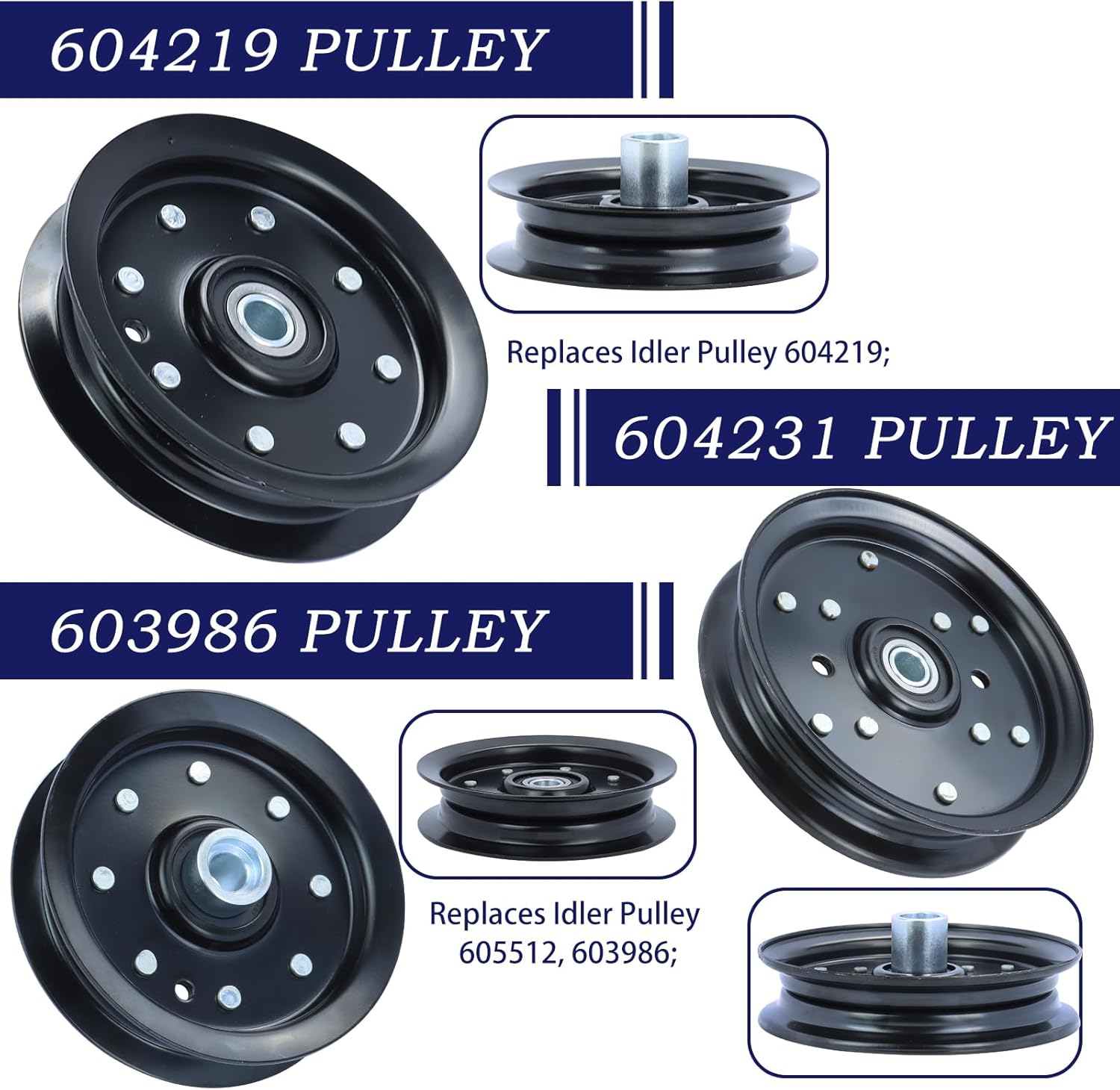 604231 Idler Pulley with 605512 Idler Pulley and 604219 Hustler Deck Pulley for Hustler Raptor 48" 52" 934794, 935759, 935817, 936500, 937763, 937854, 938605, 939223