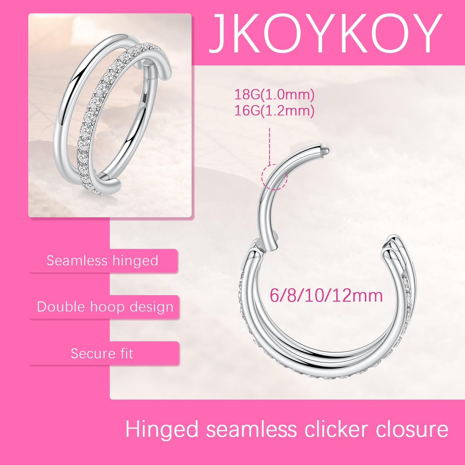 Cartilage Earring Hoop 316L Surgical Steel Conch Piercing Jewelry 16/18G Double Rows Nose Rings Hoops Hinged Segment Clicker Helix Rook Daith Piercing Jewelry 6/8/10/12mm