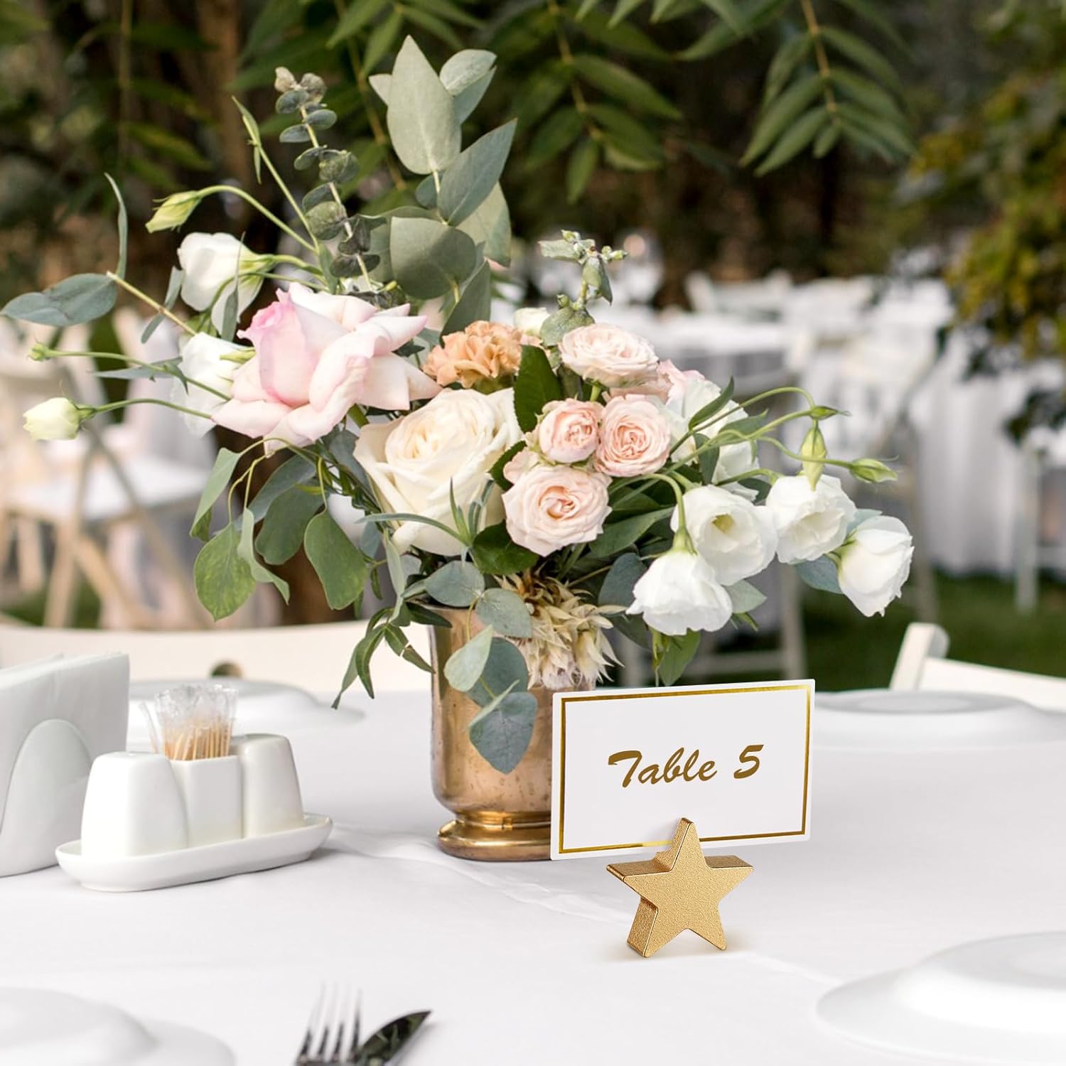 Kigley 24 Pcs Gold Star Place Card Holders Wooden Wedding Place Card Holders Rustic Farmhouse Star Table Number Stands for Photos Office Tag Birthday Banquet Movie Party Restaurant Menu