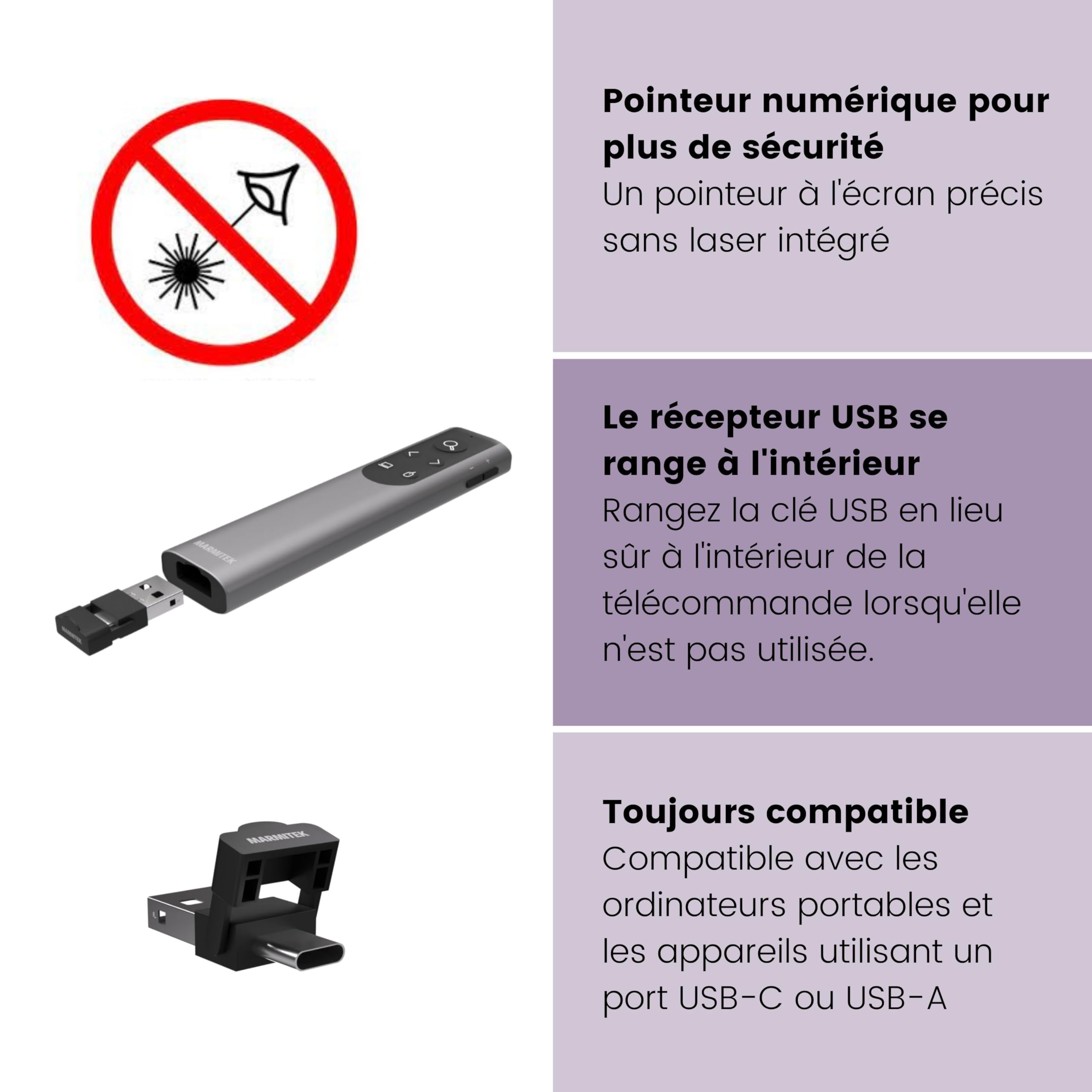 Marmitek WPR 400 - Télécommande présentation pointeur numérique Air Mouse | Presenter sans fil avec zoom et surlignage, récepteur USB-C/USB-A, Clicker PowerPoint, portée 100 m, Windows/Mac