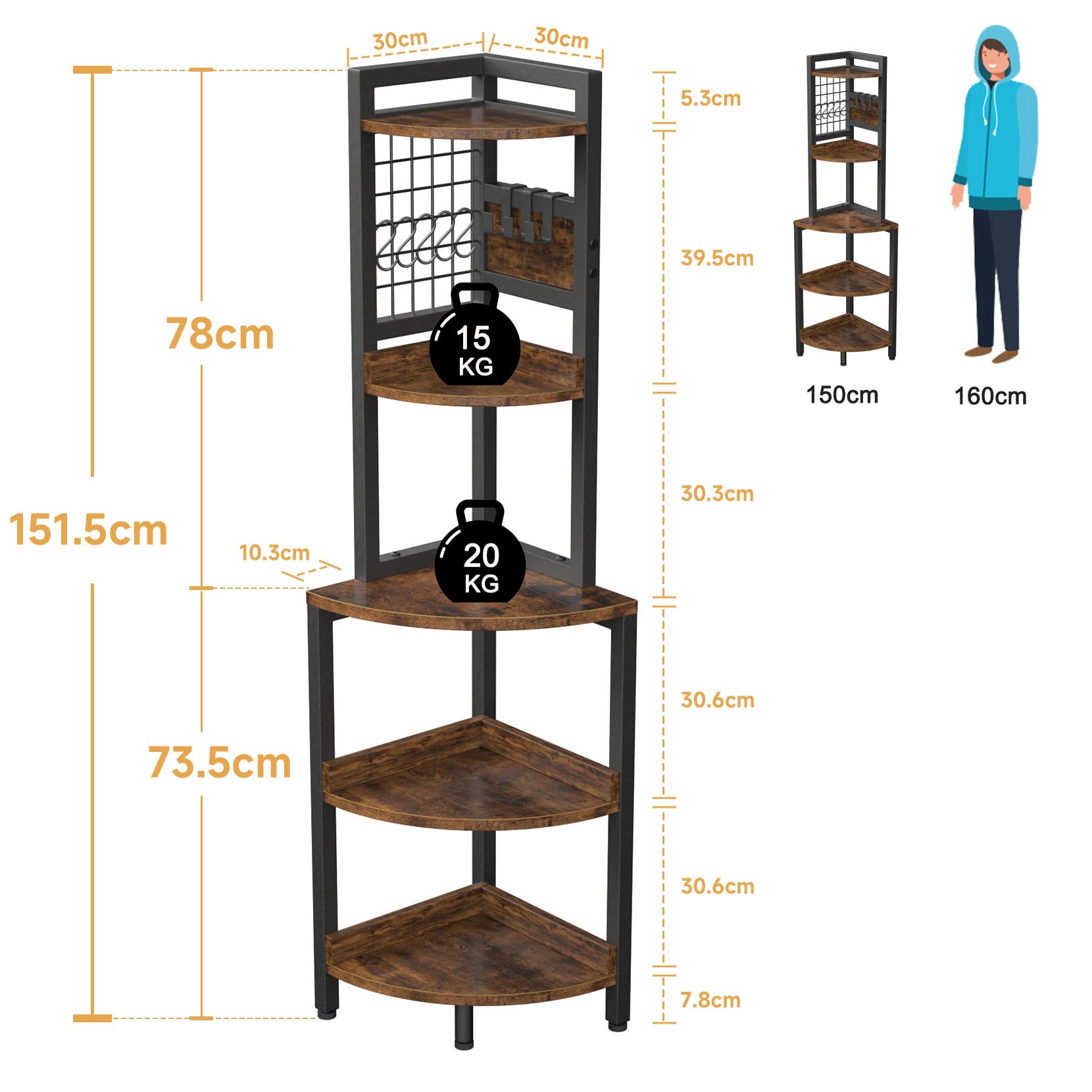 Dripex Mensola angolare a 5 ripiani, Scaffale ad Angolo, Portavasi, Libreria angolare per Ufficio, Studio, Soggiorno, Camera da Letto, Marrone Vintage e Nero, 40x40x152cm
