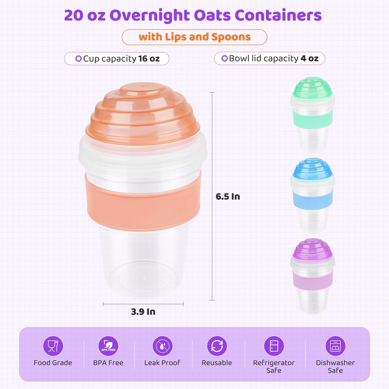 Yogurt Parfait Cups with Lids Reusable - 4 Pack 20 oz Overnight Oats Containers with Lids Folding Spoons Granola Topper, Cereal Salad Jars for Oatmeal Chia Pudding Meal Prep - Image 5