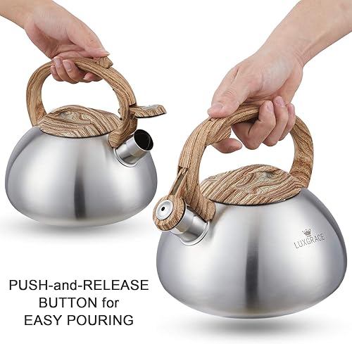 Miniatura 10 de Tetera silbadora de té con mango de madera, silbato fuerte, acero inoxidable de grado alimenticio para estufas, hervidor de agua (azul)