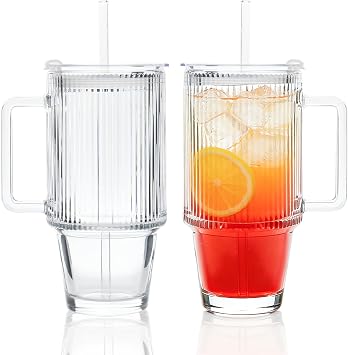 24oz Ribbed Glass Tumbler with Handle Glass Mug with Lid Straw | Vintage Embossed, Leak Proof, Thick Lid, Ergonomic Handle, Non-slip, Heavy Duty, Car Hold Friendly for Hot Cold Drinks