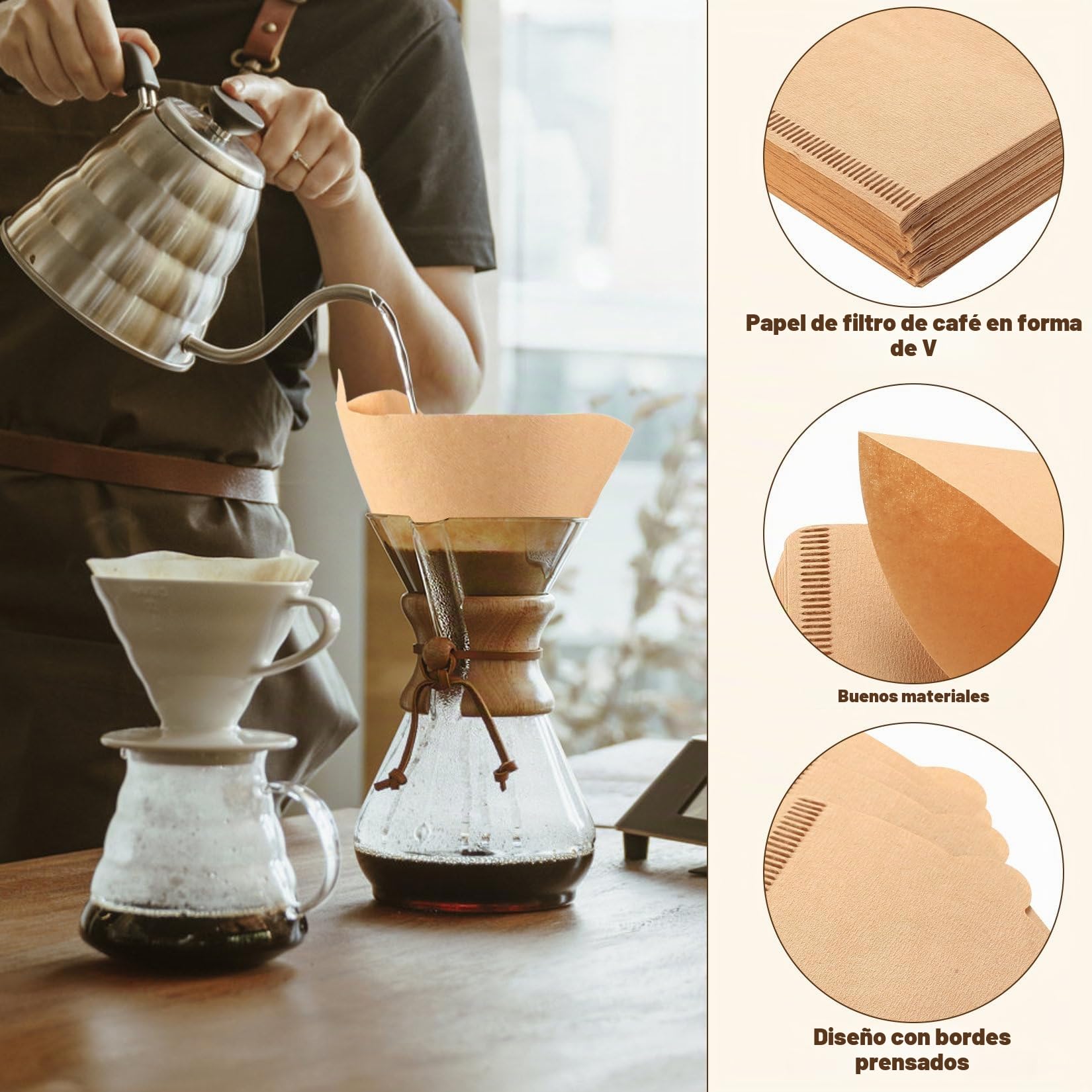 200 Pcs Filtros de Papel Número 2, Filtro de Café de Papel de Filtro de Cafés en Forma de V Tamaño 02, pPapel de Filtros de Café de Cono para Cafetera de Goteo(marrón, 2-4 Tazas)