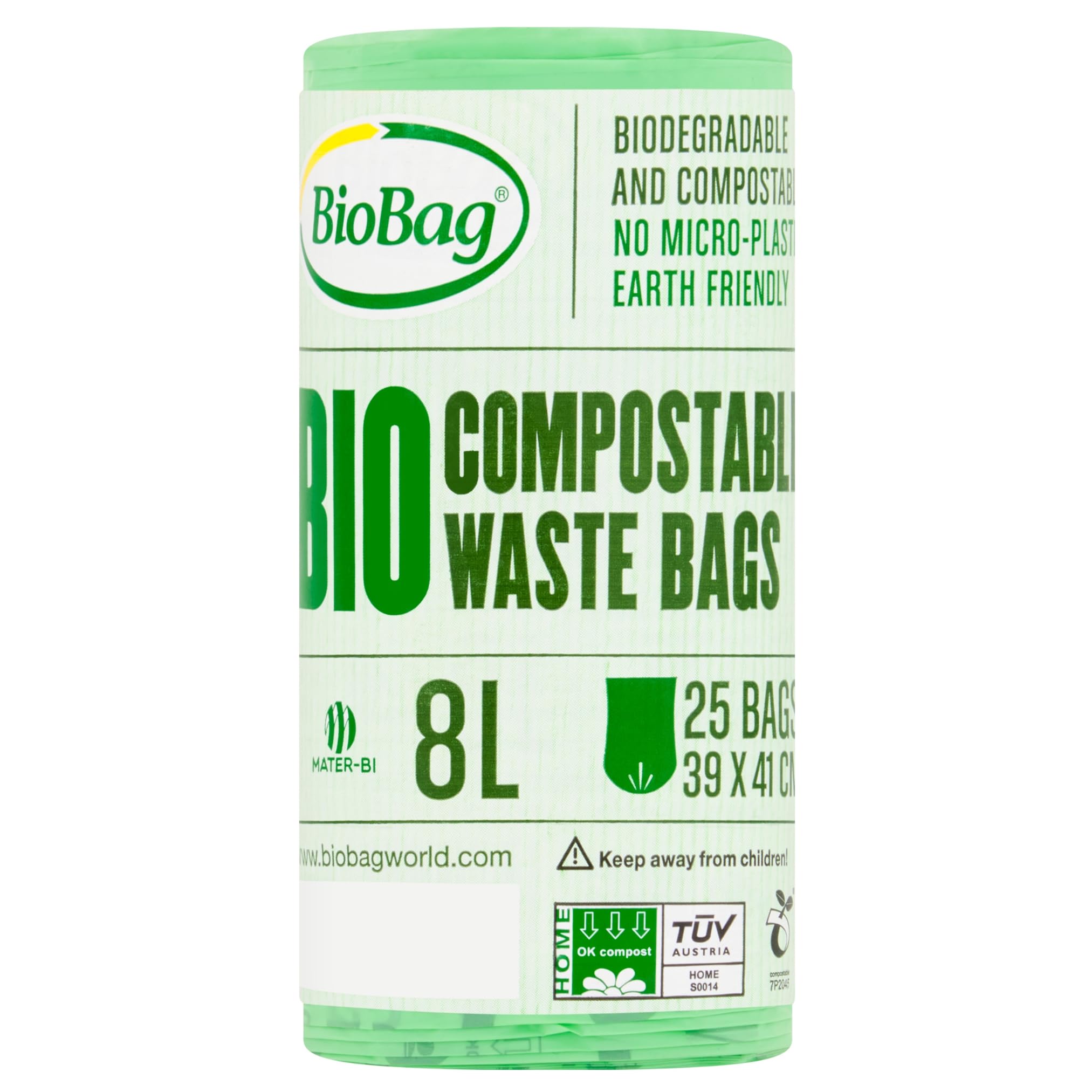 BioBag 8L Compostable Caddy Liners – 25 Bags per Roll – 100% Biodegradable Bin Bags – OK Compost HOME Certified – 390 x 410mm – Green