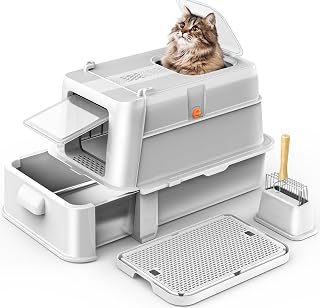 HEGGCOOE Enclosed Stainless Steel Cat Litter Box with Lid，XL Large Metal Cat Box with Drawer for Big Cats,Top Exit Kitty Litter Box Includes Scoop, Filter Pedal,Odor Control, Easy Cleaning