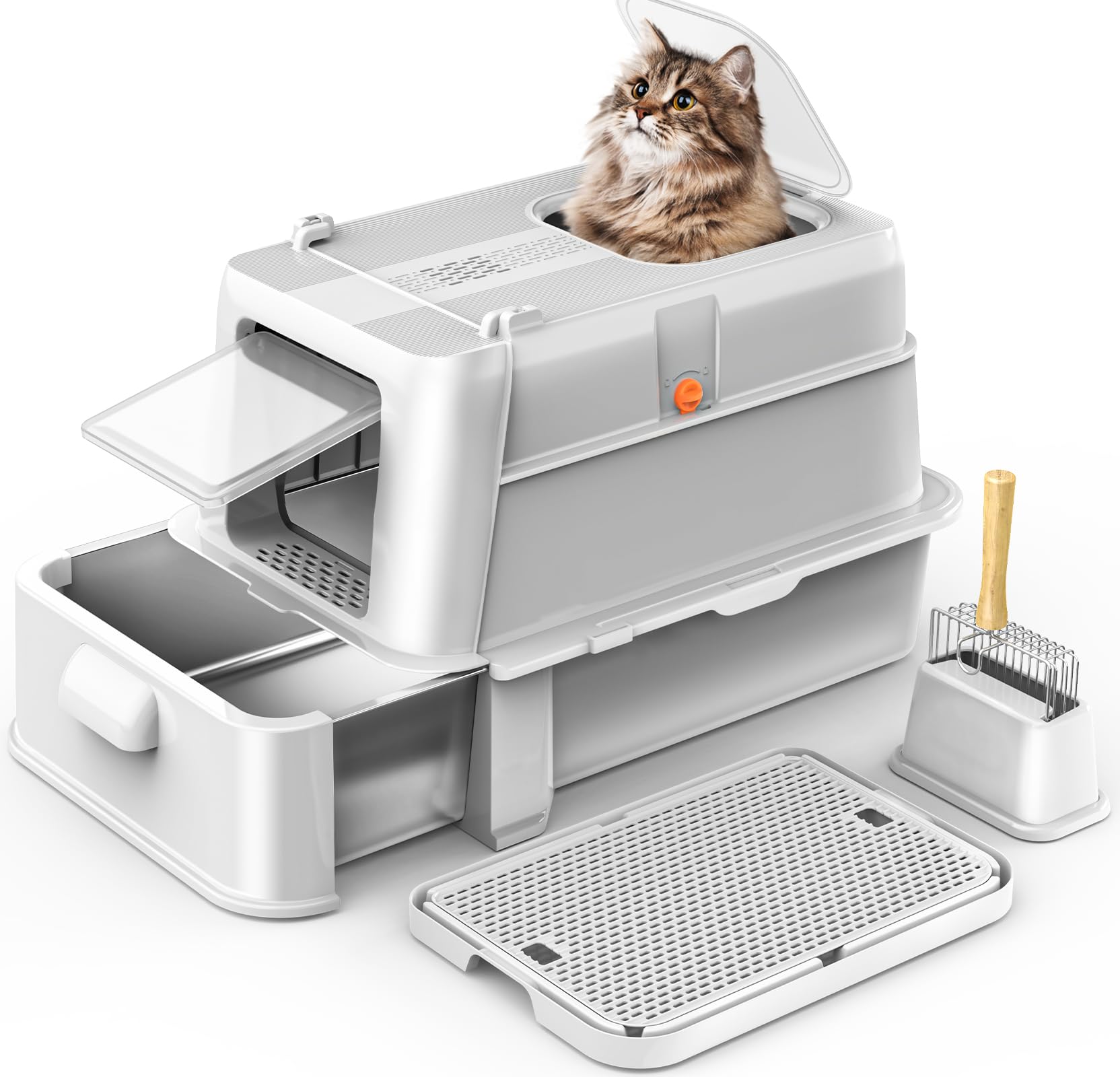 HEGGCOOE Enclosed Stainless Steel Cat Litter Box with Lid，XL