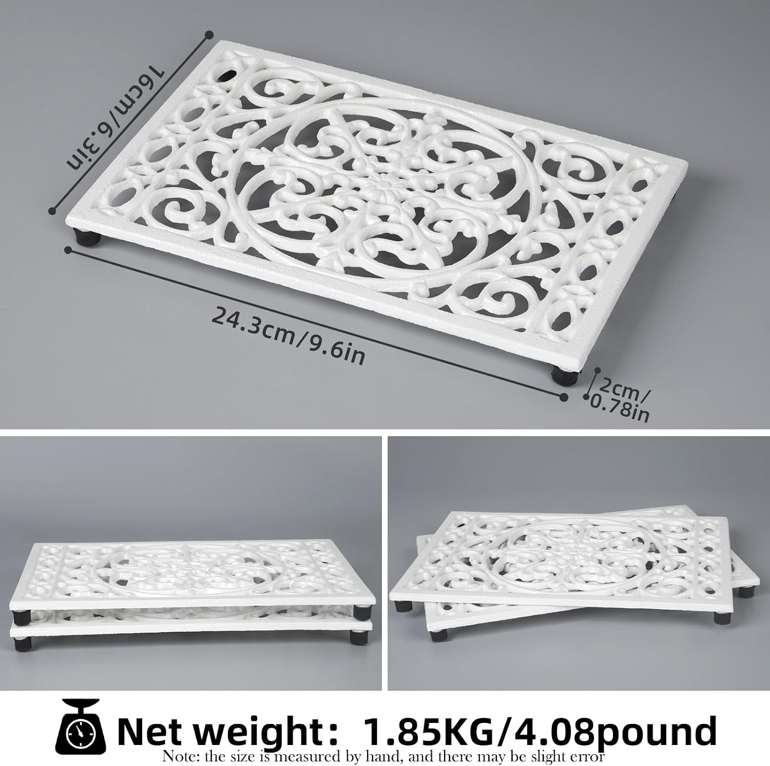 Notakia 9.6 X 6.3 Inch Cast Iron Trivet Set, Large Metal Trivets for Hot Dishes Pots Pans Decorative Kitchen Trivets, Heat-Resistant Trivet Mats for Quartz Countertops, Table Cooktop (White, 1 Pack)