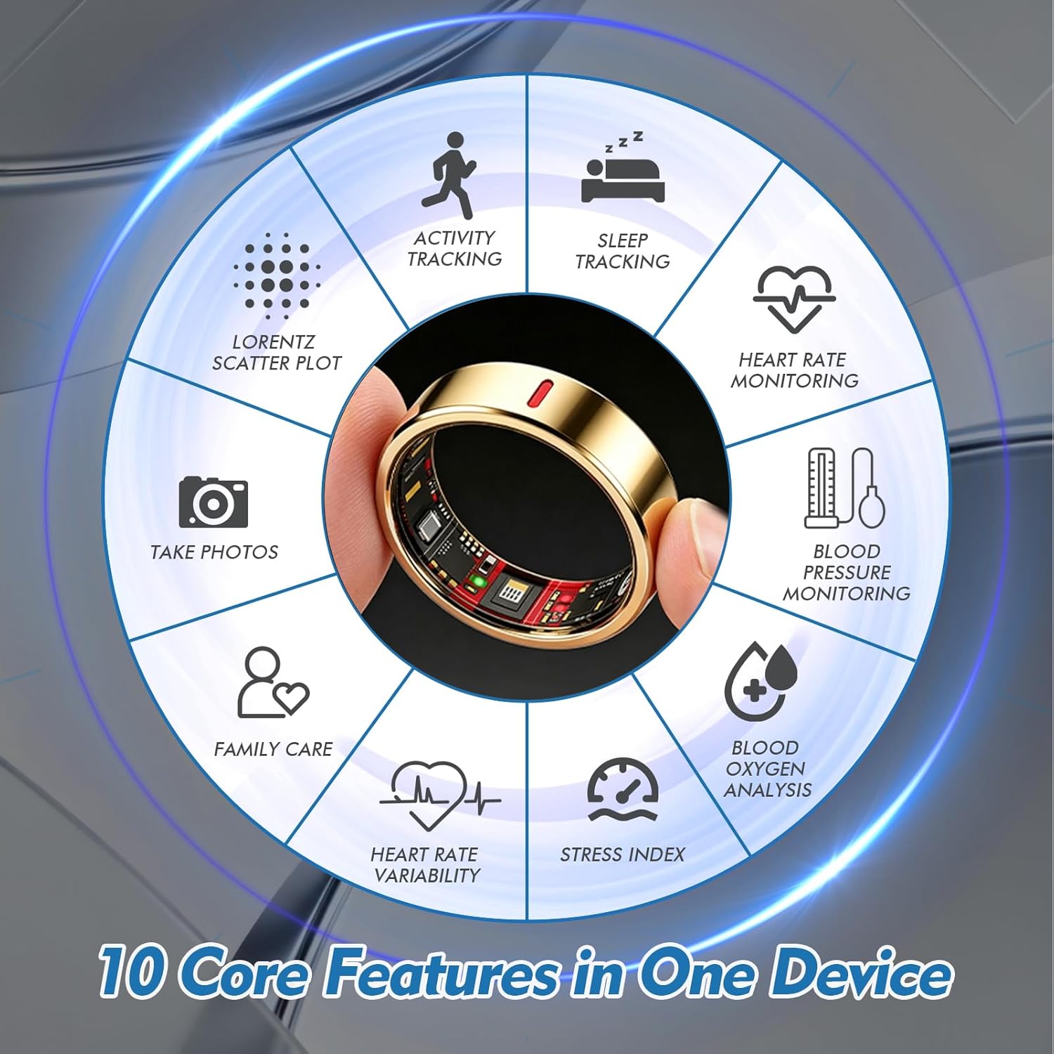 Smart Ring for Men & Women, Titanium Health Ring with Heart Rate (HRV), SpO2, BP and Stress, Sleep & Activity Tracking, Waterproof, No Subscription Fee for Android & iOS (Light Gold, 8#)