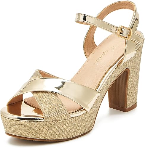 hingswink Womens Sparkly Platform Dress Sandals for Women Chunky Block Heel 3.8 Inch High Heels Open Toe with Strap for Women Comfortable Sexy