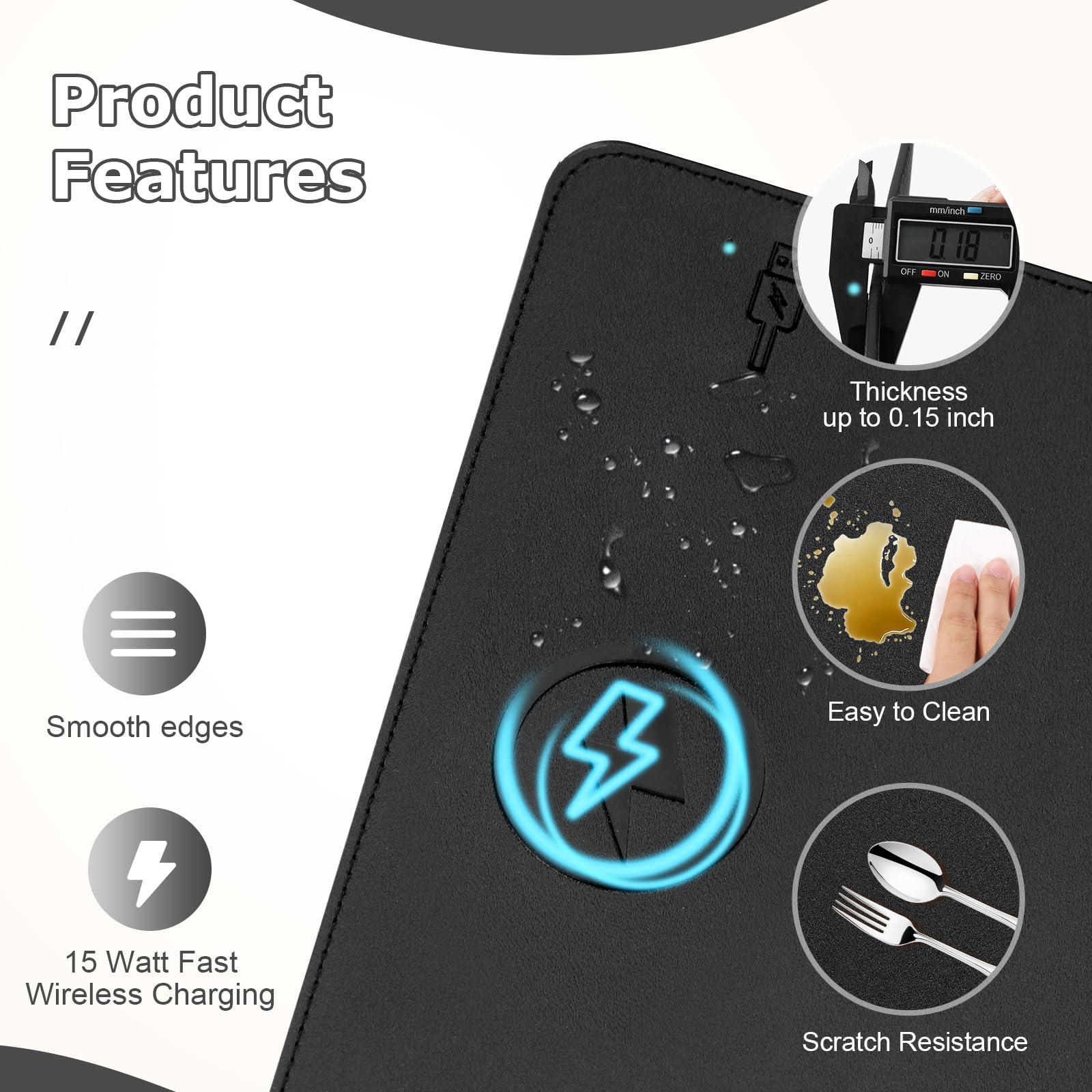 Tappetino per mouse con ricarica wireless, 2 in 1, multifunzione, in pelle, con base in gomma antiscivolo, impermeabile, per computer, ufficio, lavoro, casa, decorazione (30,5 x 25,4 cm