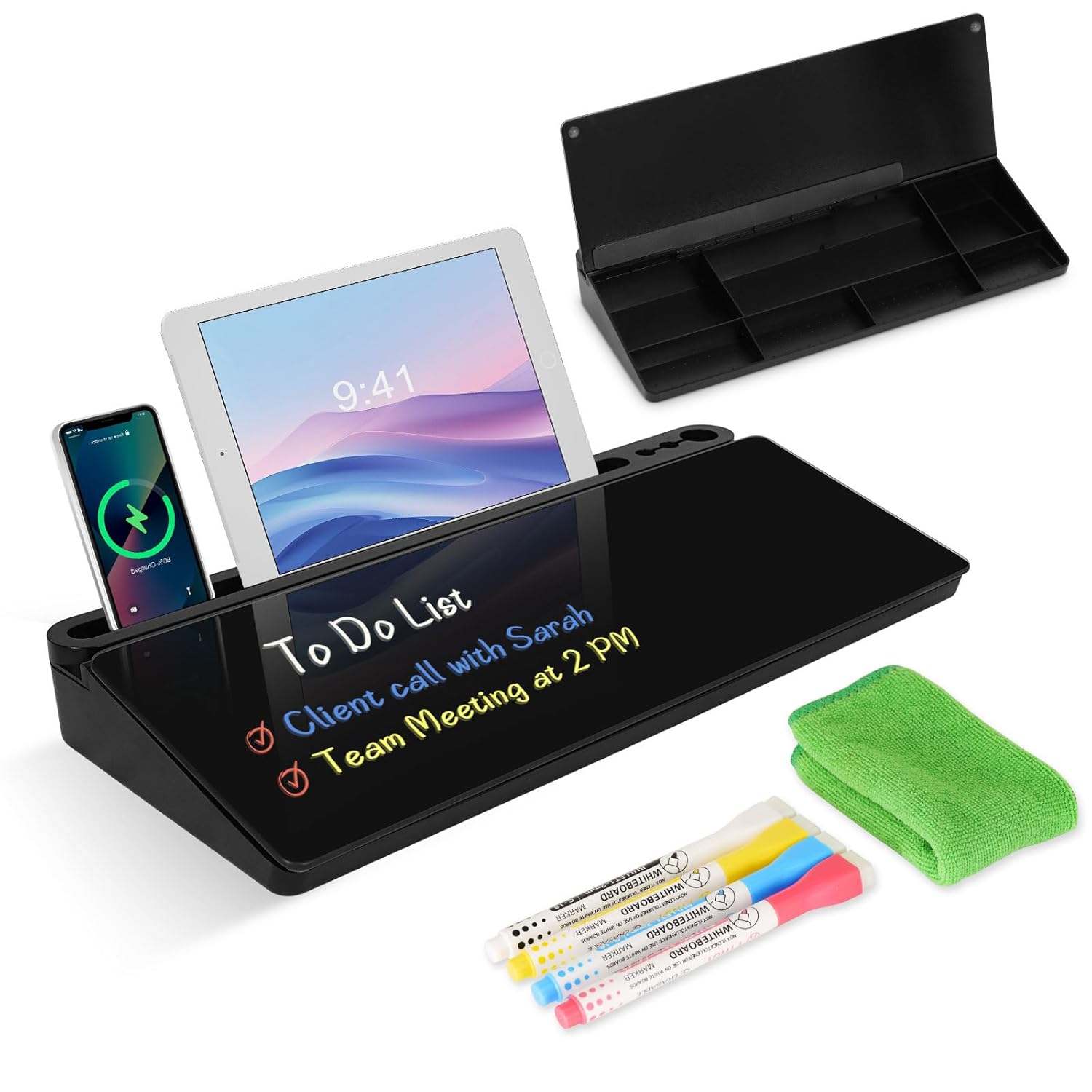 WALGLASS Desktop Glass Whiteboard with Storage, Desk Board with Computer Keyboard Stand, White Dry Erase Board with Drawers for Home, School, Office Desk Organizers and Accessories – Black