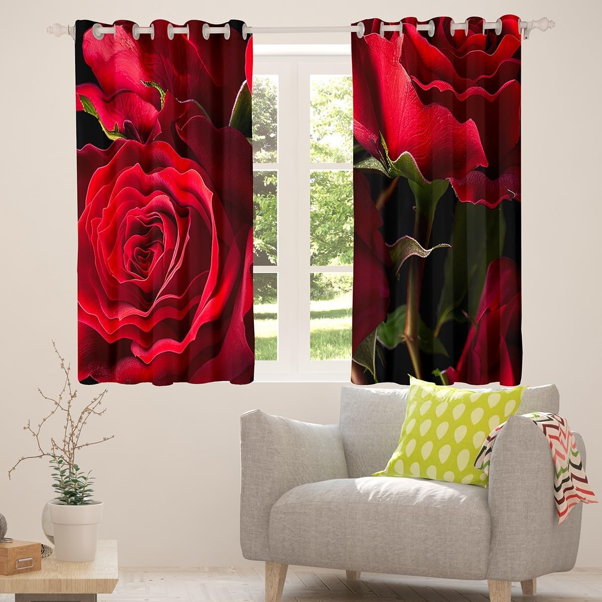 Rose Curtains for Bedroom Living Room Kids Rose Floral Flower Comter Blackout Curtains Garden Flowerative Darkening Dreapes Romantic Valentine's Day Red Window Treatments (2 Panels, 52 x 96 Inch)