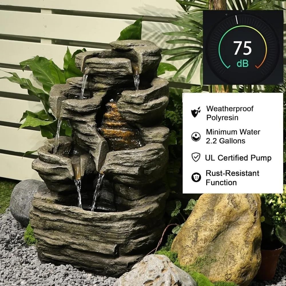 6 Layers of Stacked Rock Fountain Outdoor Garden Waterfall Decoration for Garden Outdoor Fountain with Light