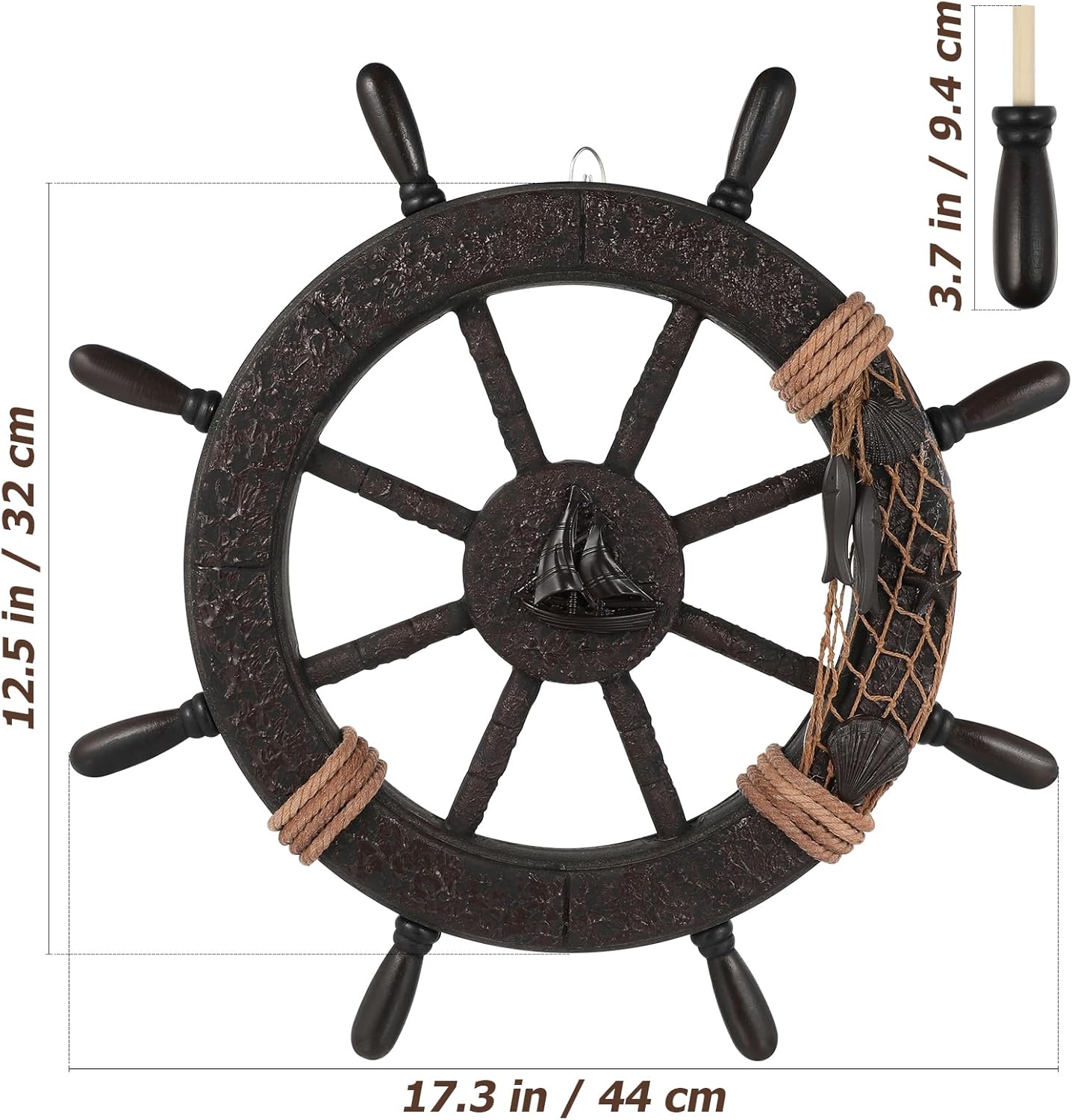 Nautical Wheel Decor Rustic Boat Steering Wheel Fishing Net Wall Sculpture Rudder Hanging Ornament Mediterranean Style Nautical Captain Rudder for Home Beach Theme Decor