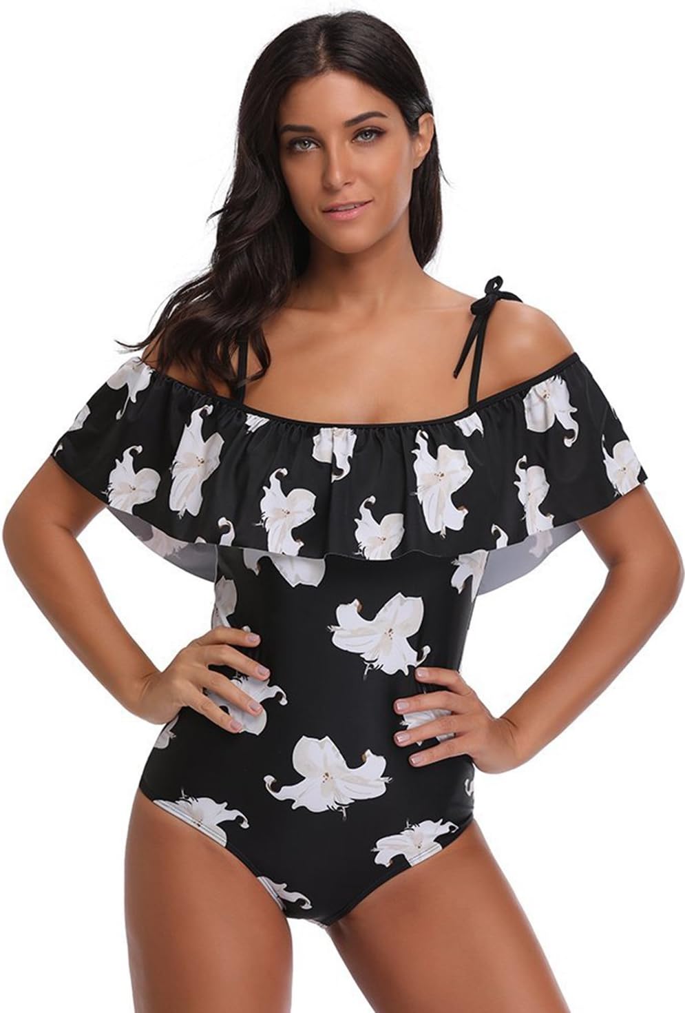 Sexcer Floral Ruffle Off Shoulder One Piece Swimsuit for Women High Cut Bathing Suit (L)