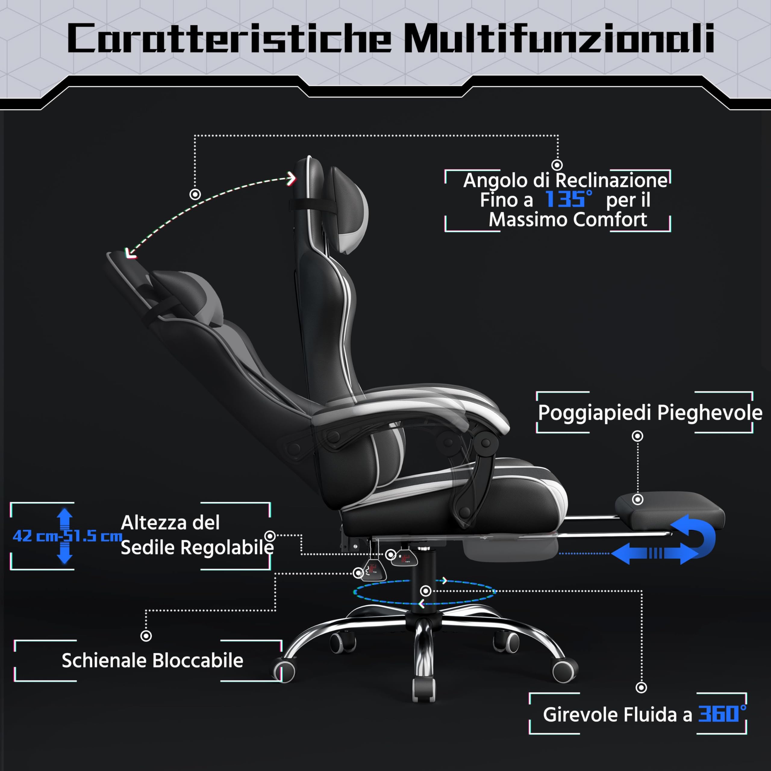 Sedia Gaming Ergonomica Massaggiante Reclinabile 90-135° con Poggiapiedi Poggiatesta e Supporto Lombare Braccioli Imbottiti in Finta Pelle, Poltrona Gamer con Ruote Portata 150 kg Bianco