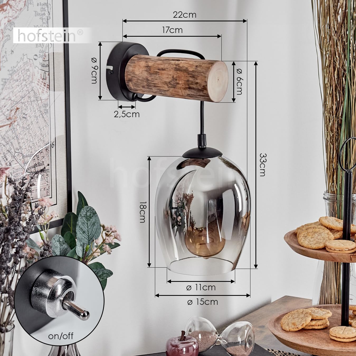 Wandleuchte Vevino, Wandlampe aus Metall/Holz/Glas in Schwarz/Natur/Chrom/Rauch/Klar, Leuchte im Retro/Vintage-Design, Schirm aus Glas (Ø 15cm) u. An/-Auschalter am Gehäuse, 1x E27, ohne Leuchtmittel