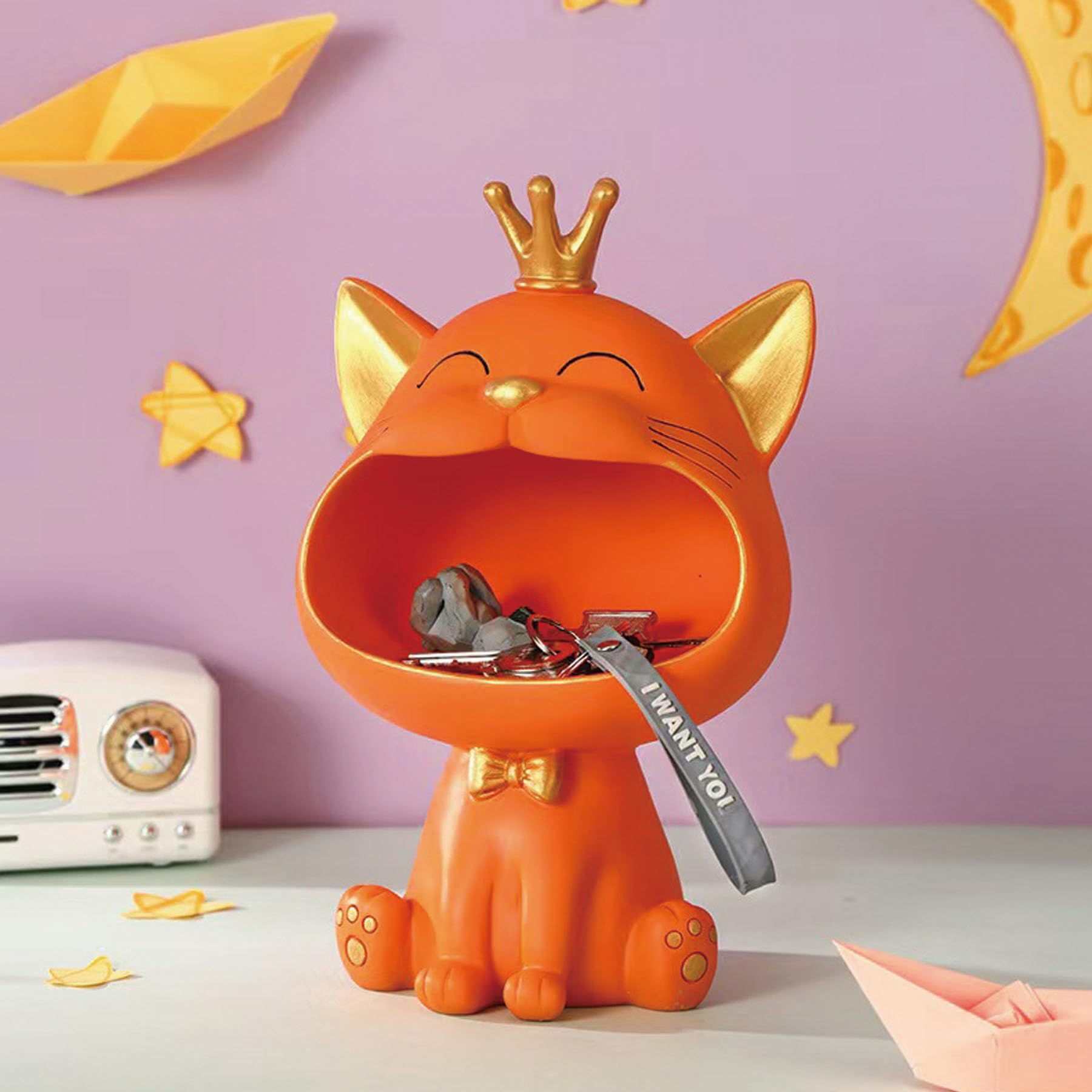 Statua di gatto che ride, scatola di immagazzinaggio di gatto fortunato, scultura felino, regalo per soggiorno, casa, corridoio, mobili (arancione)