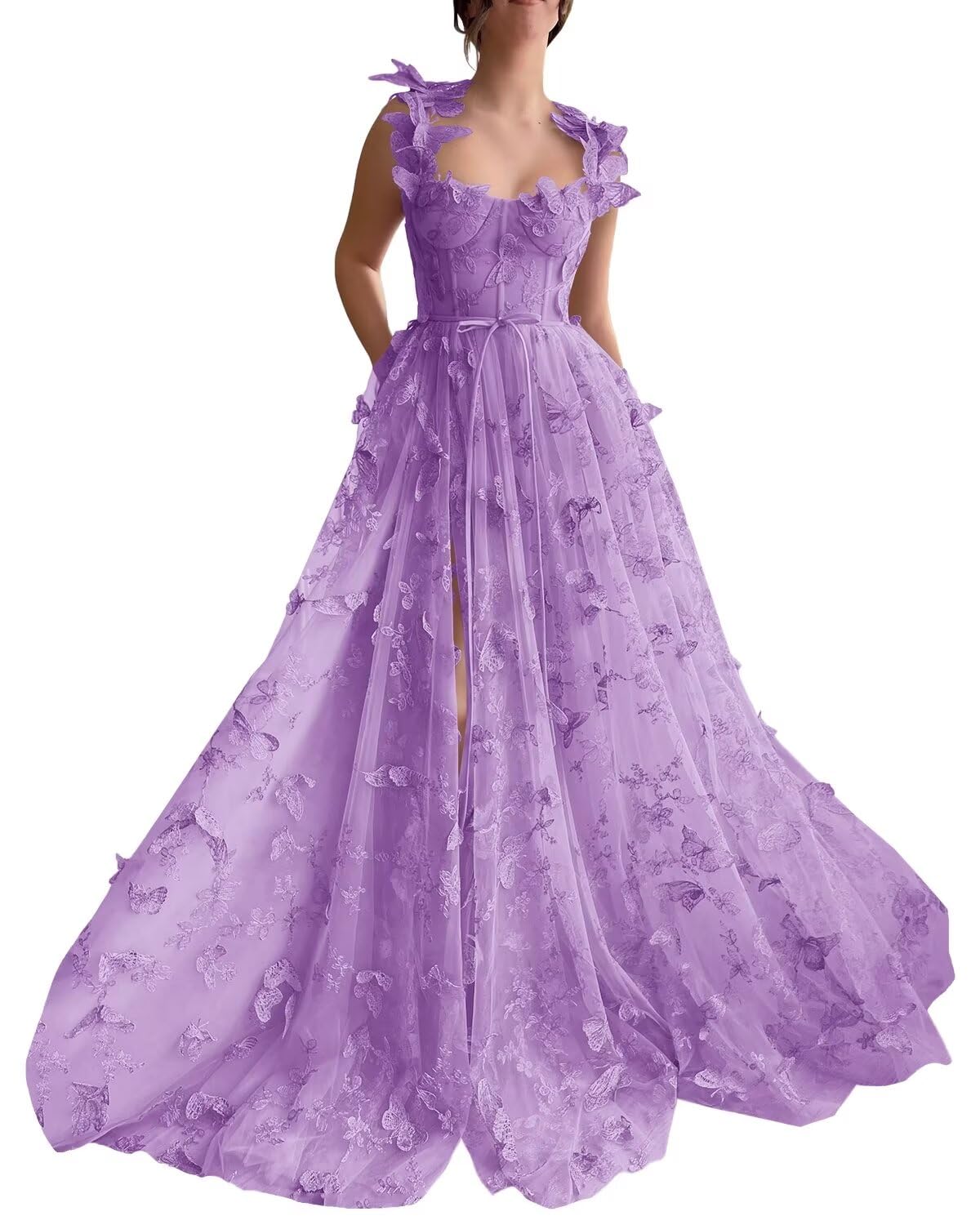 Eightale Vestido largo de tul con encaje y apliques de mariposa dividida en 3D, vestido formal de noche