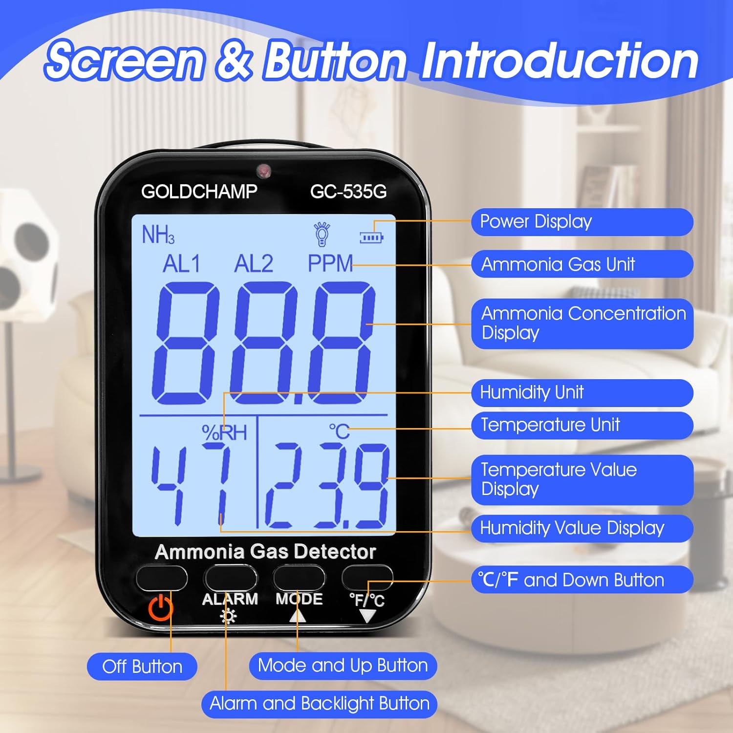 Ammonia Gas Detector, 0-100ppm NH3 Gas Monitor Sensor, Resolution 0.1ppm with Temperature(℉/℃), Humidity, Backlight Display, Dual Alarm for Poultry, Farm, Home GC-535G - Image 2