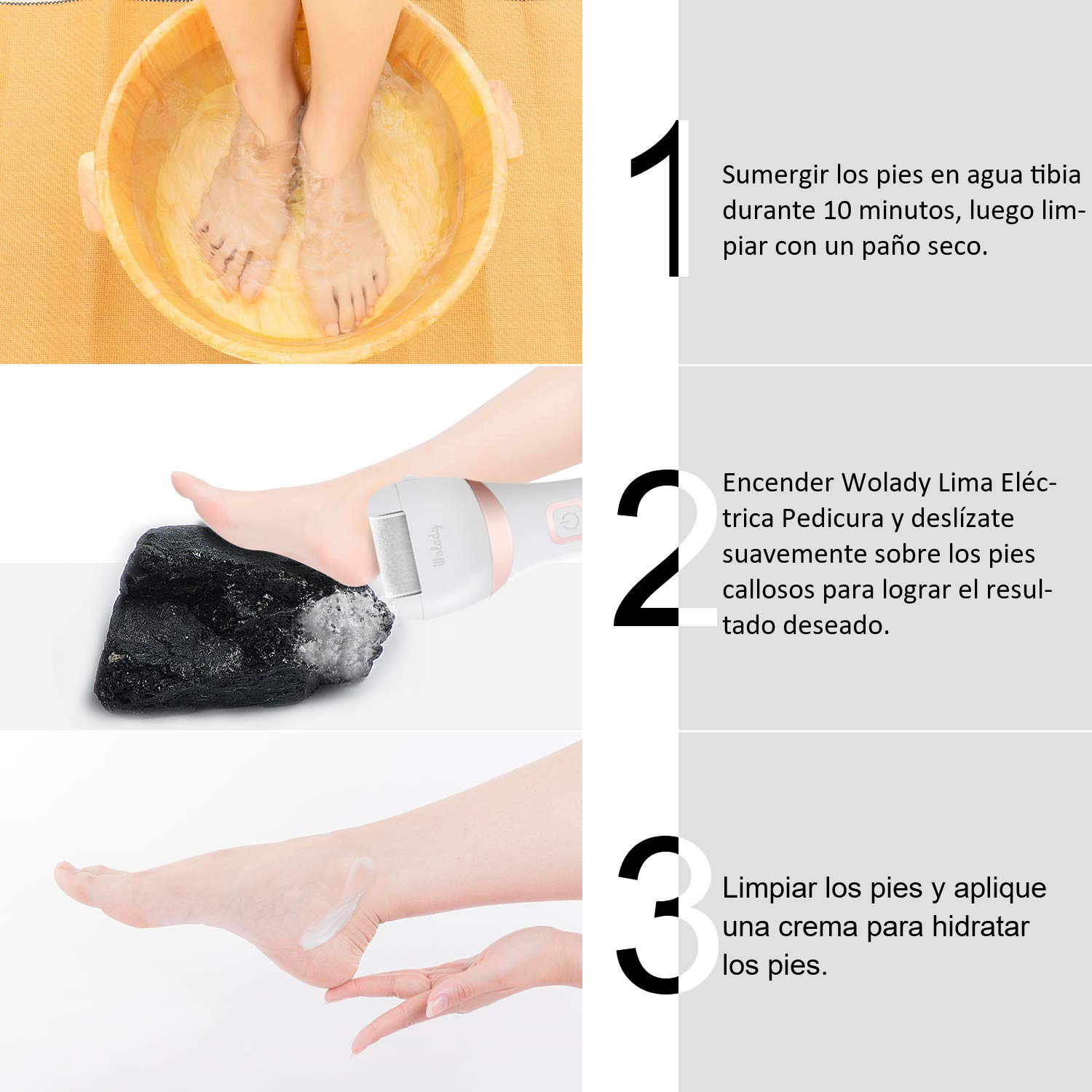 Lima Electrica Pedicura Profesional Recargable Wolady IPX7 Impermeable Eliminar Callos Pies Durezas Cuidado Lima Blanca de Metal, 3 Recambios 5 Niveles Bateria 1200MAH 2 Velocidades