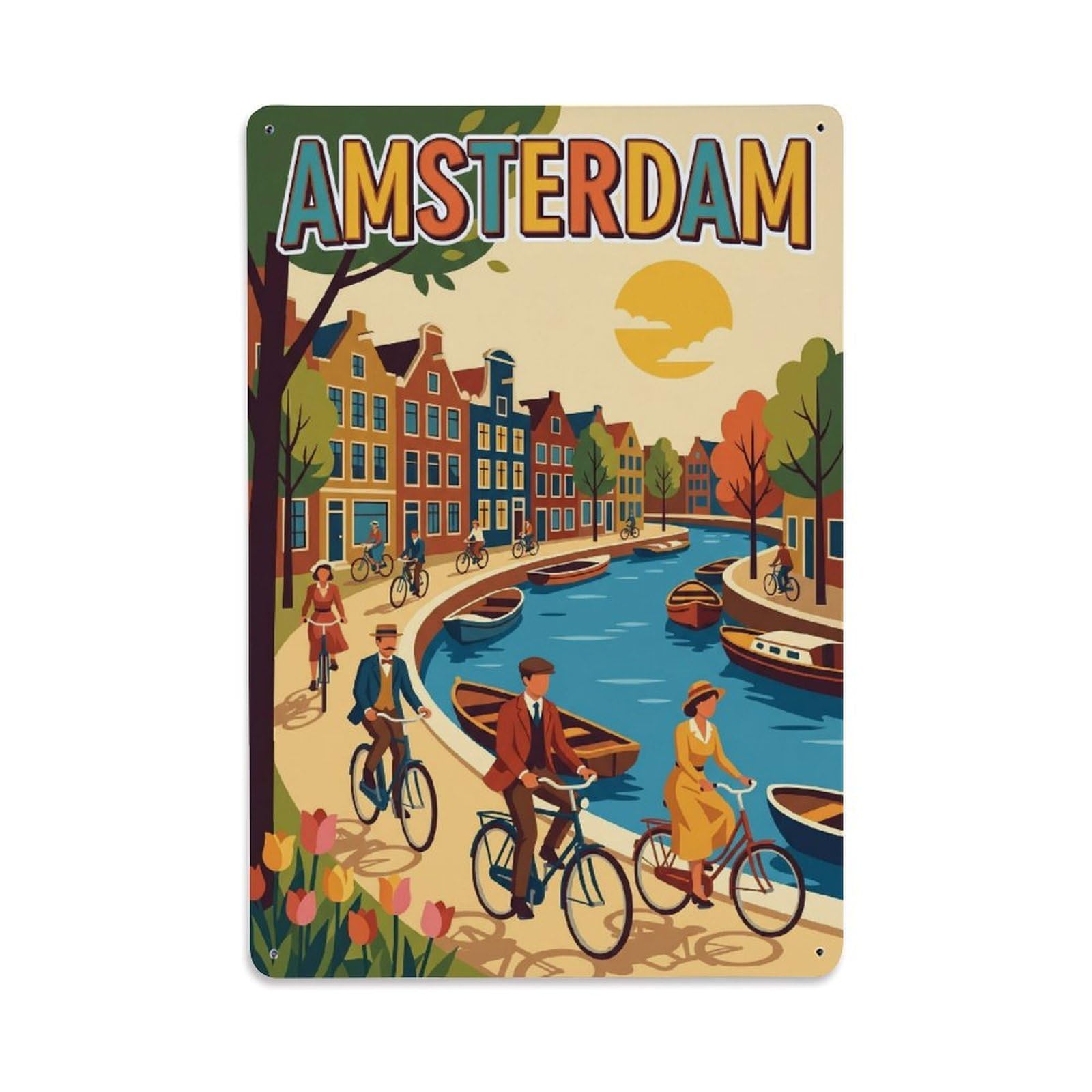Okngb Style Canal Towpath Vintage Amsterdam Waterfront Tourism Metal Tin Sign Plaque Wall Decor For Cafe, Man Cave, Club Bar, Office, Home Garden Round Metal Poster 8X12inch