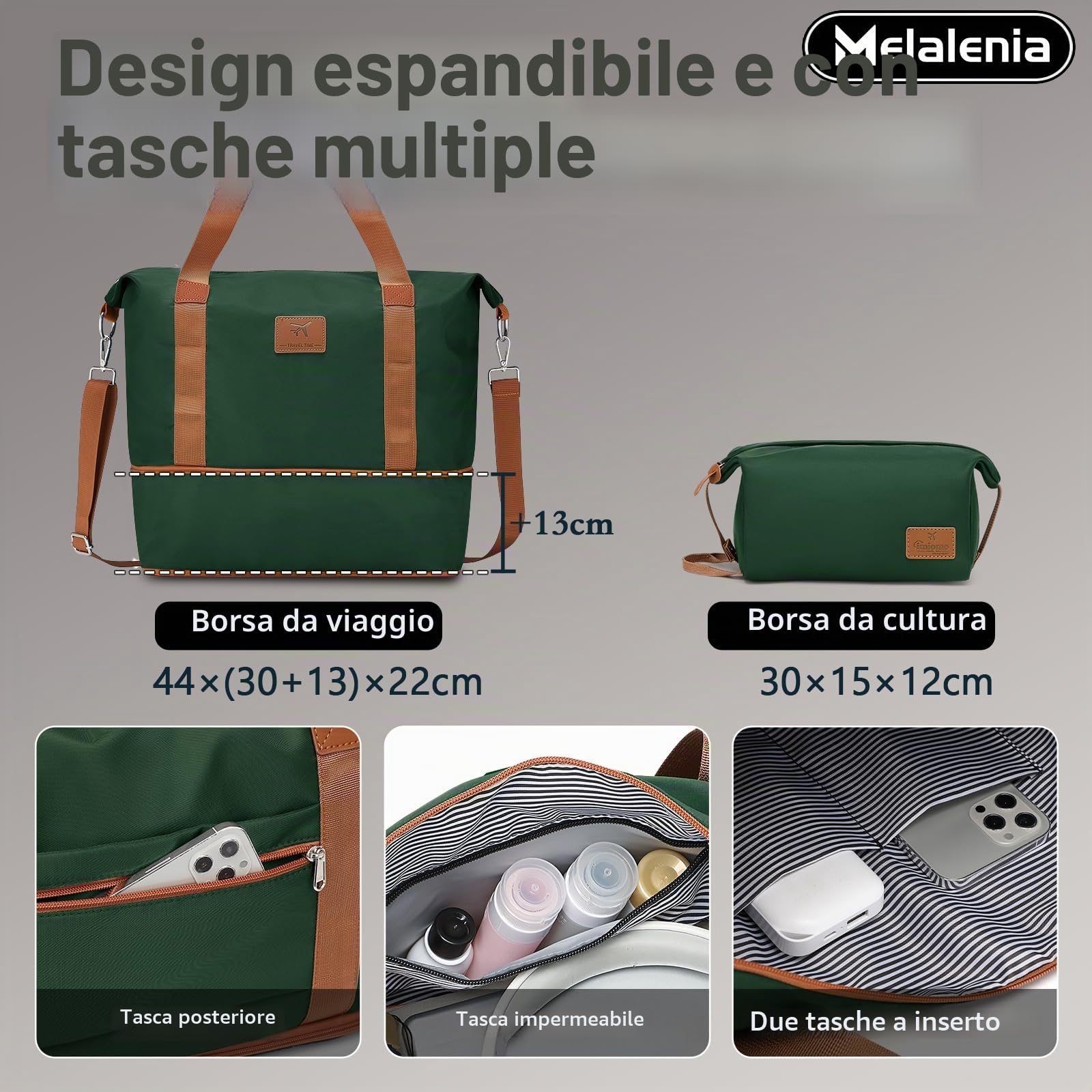 Melalenia Set Valigie 7 pezzi guscio rigido ABS 4 ruote serratura TSA Verde | Borsa viaggio espandibile e borsa bagno inclusi. Annidabili, cerniere YKK, protezioni angolari, ruote doppie 360° silenziose