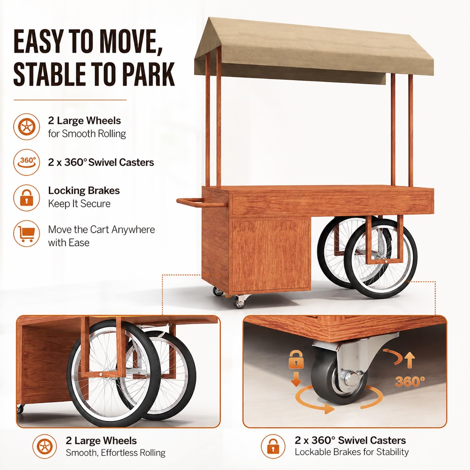 Puesto Ambulante con Toldo, Carrito de Venta con Ruedas y Compartimento, Stand Expositor para Exterior con Ruedas Blocables