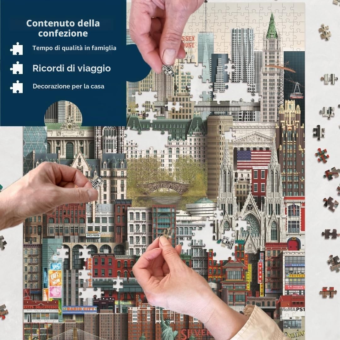 Martin Schwartz ApS - Puzzle da 1000 pezzi, motivo: città di New York, per adulti, con poster e lista degli edifici, 50 x 70 cm, cartone