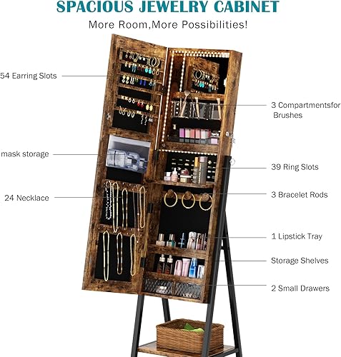 Miniatura 7 de SDHYL Armario de joyería con espejo, espejo de longitud completa con almacenamiento, armario de joyería de pie con cerradura con espejo integrado y
