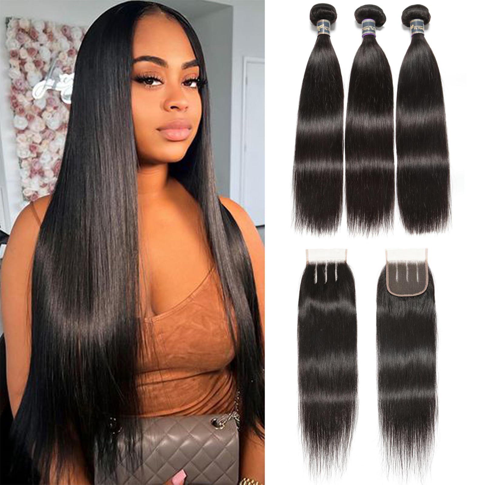 Amazon.com : Straight Bundles with Closure Human Hair 14 16 