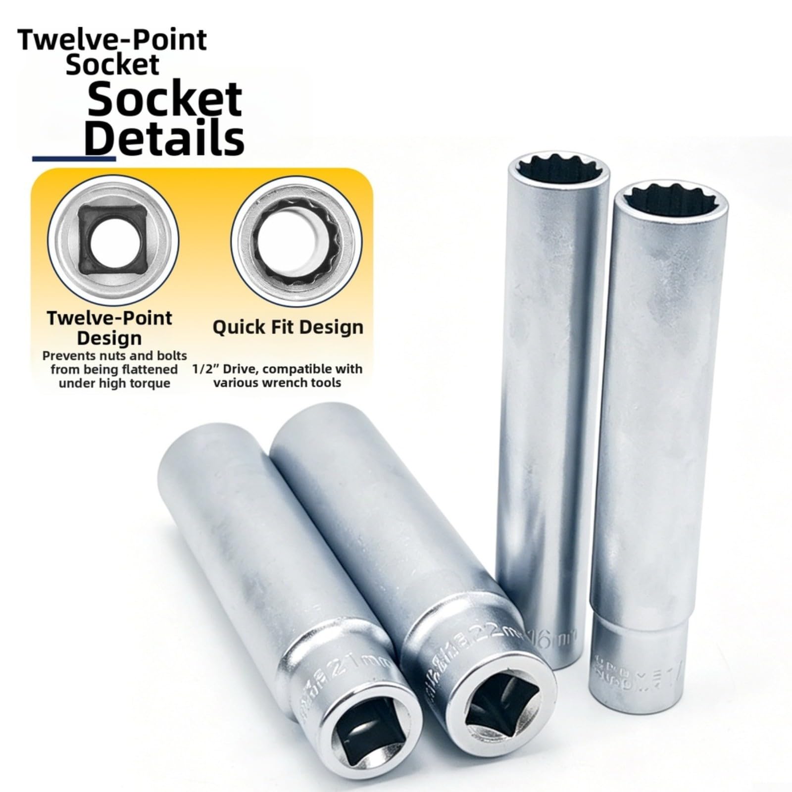 Juego de llaves de vaso de 12 puntos, acero al cromo vanadio de largo alcance, 1/2 pulgada Drive 8-22 mm para kit de reparación de mecánicos de automóviles, 12 unidades