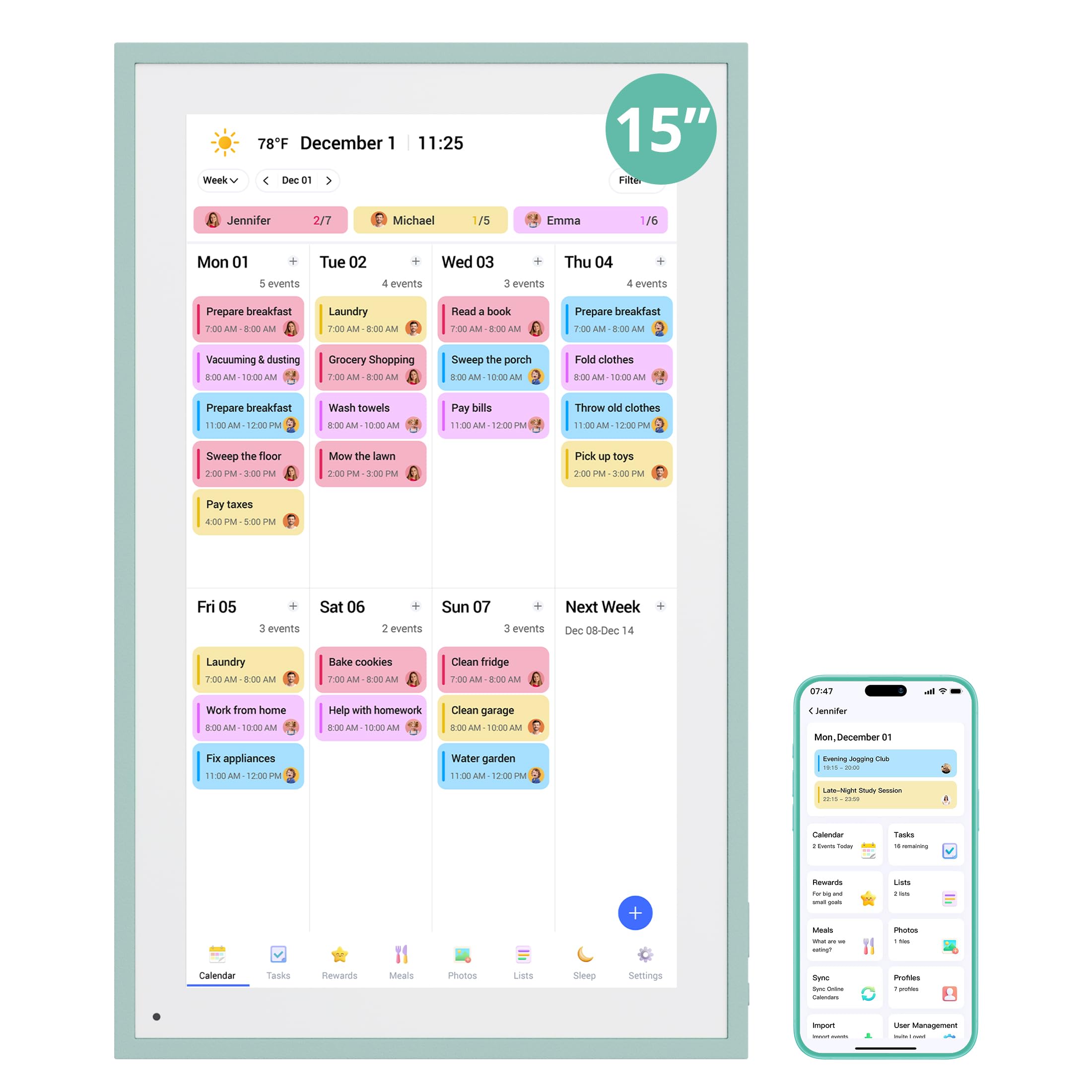 2026 Digital Calendar with Sage Green, 15 Inch Electronic Calendar Planner for Chore Chart and Home Organization, Interactive Touch Screen Desktop & Wall Mountable, for Families