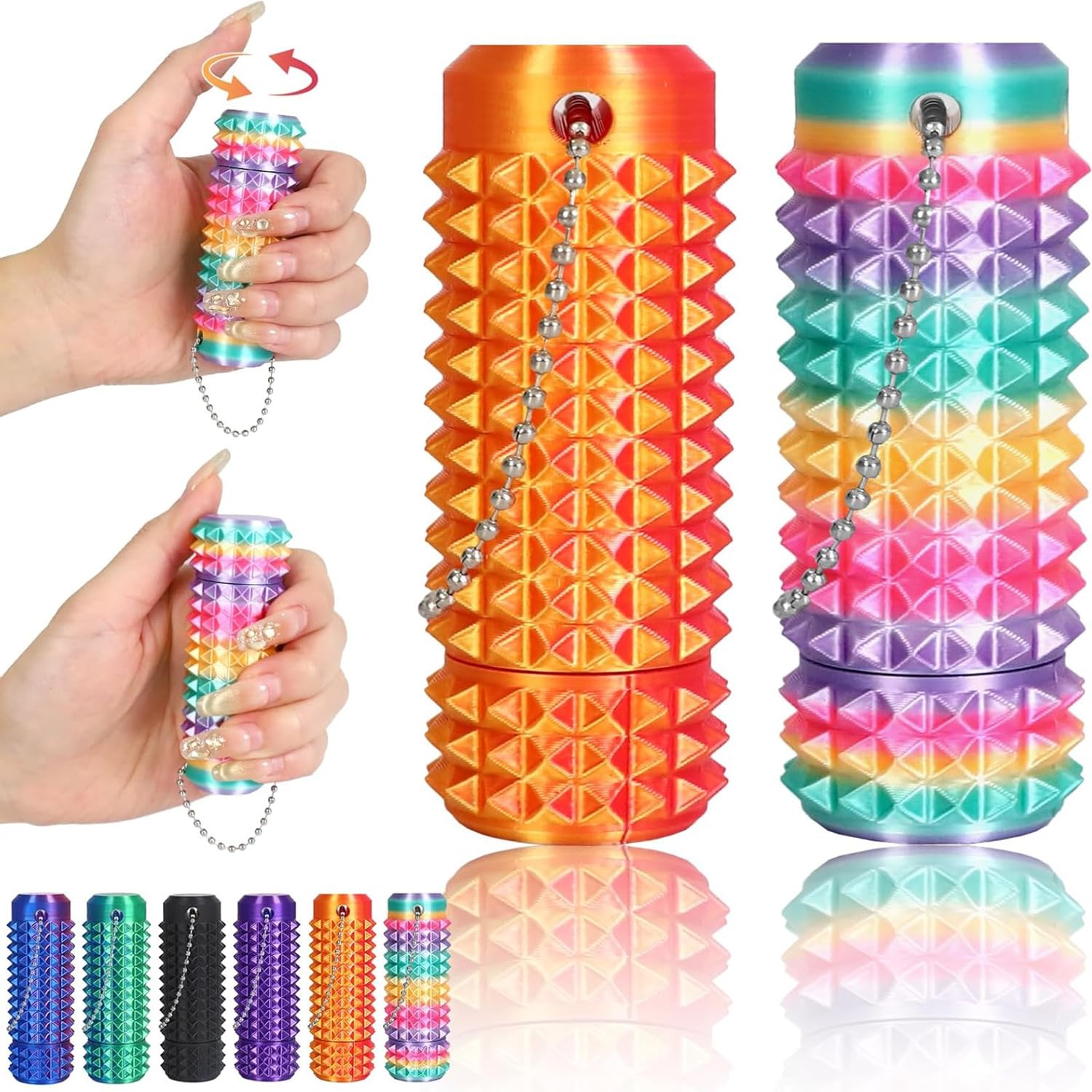 Little Ouchies Pain Fidget 2PCS, Rotatable Spiky Sensory Tool, 3D Printed Grippie Keychain for Adults Anxiety Relief, Focus & Skin Picking, Stress Gift for Teens (Rainbow + Red Gold)