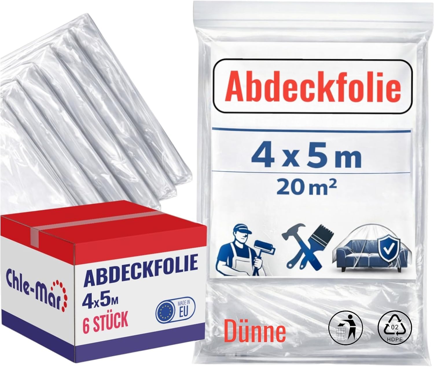 Chle-Mar – 6x Folia Malarska Ochronna 4x5 m 20 m² Transparentna | Folia LDPE 53 g do Ochrony Mebli i Podłogi | do Malowania/Remontu | Akcesoria Malarskie Chroniące przed Farbą i Kurzem