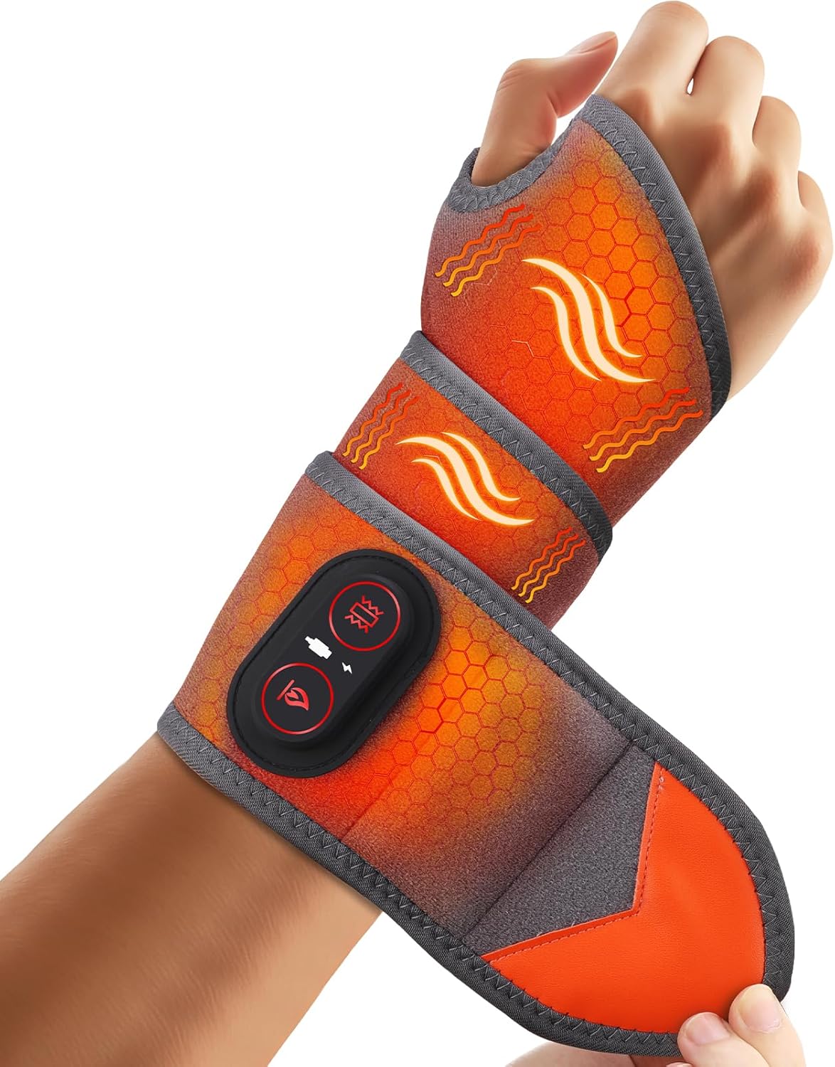 Wrist Heating Pad with Massage, Cordless Wrist Hand Heating Pad for Pain Relief, Red Light Heated Wrist Wrap with 3000mAh Battery, Vibration and Adjustable Heat Settings - Left Right Hand