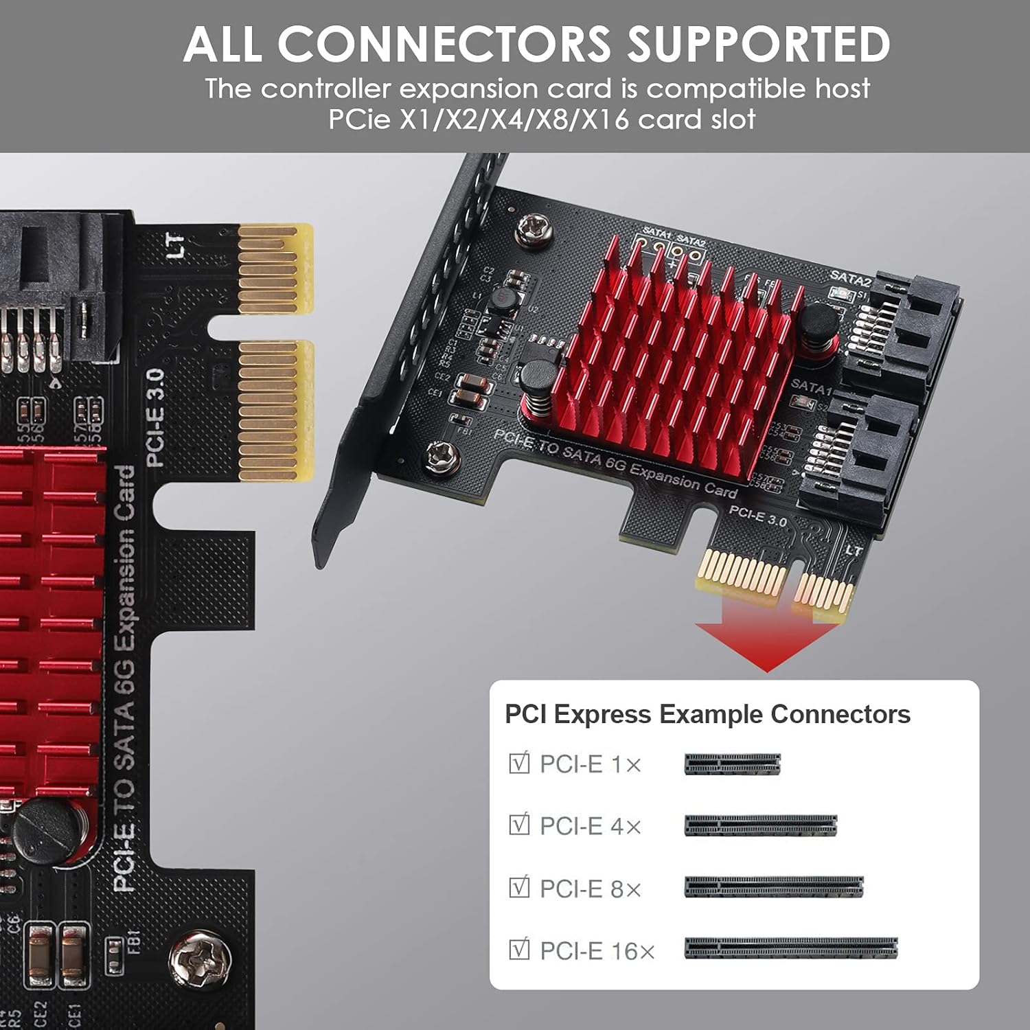 Diagram illustrating compatibility with various PCI Express slot types: 1x, 4x, 8x, and 16x