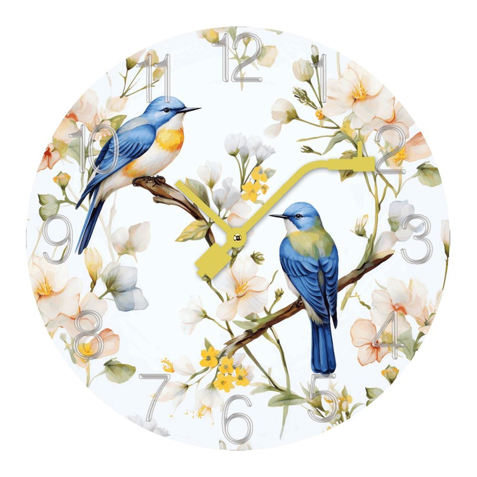 Horloge murale fleurs et oiseaux aquarelle moderne pour maison et bureau