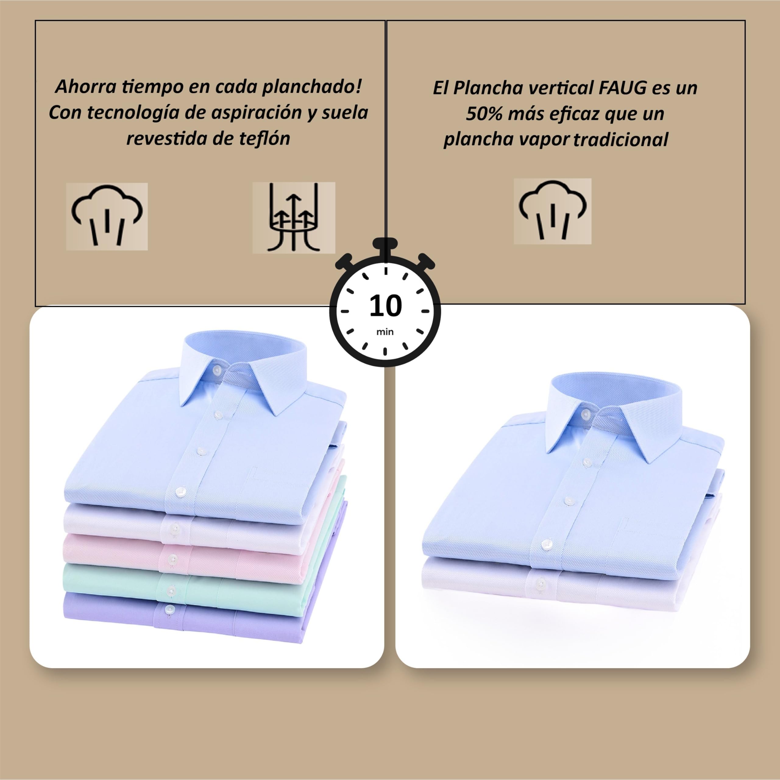 FAUG Plancha vertical 1500W. Gana un 50% de eficiencia gracias a la nueva función de succión. Flujo de vapor de 15 a 21 g/min y suela de teflón para prendas sin arrugas.