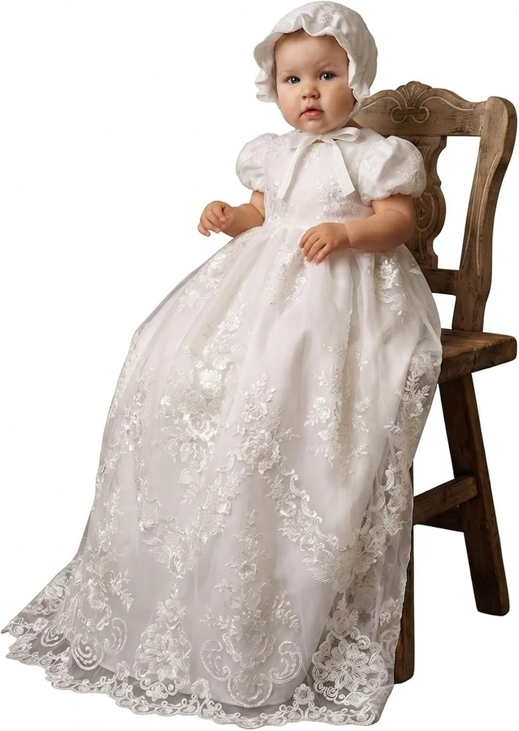 Baby Long Ivory Christening Gown Lace Baptism Dress with Bonnet