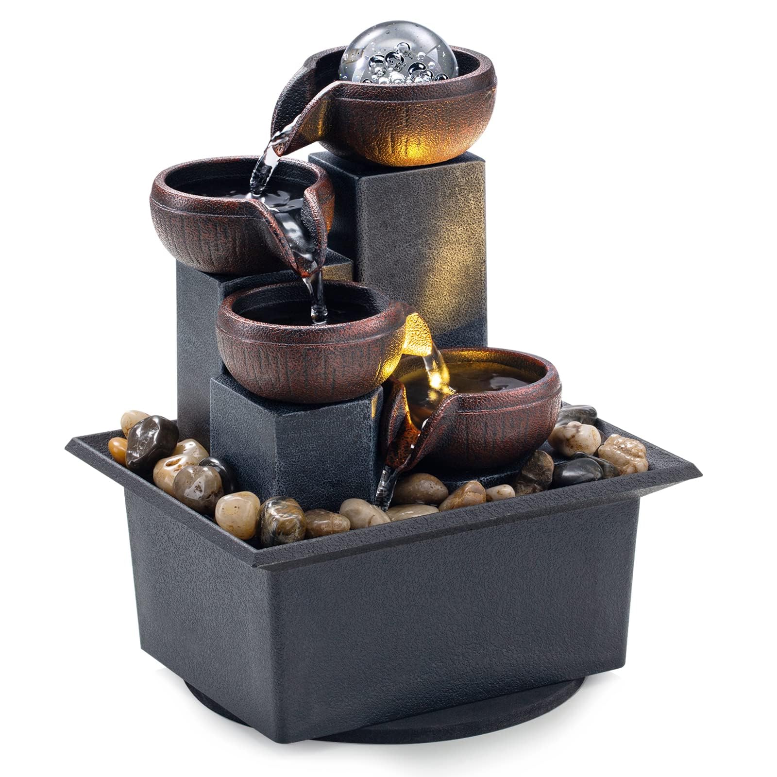 Paporich Tabletop Fountain 4 Level Tabletop Waterfall Meditation Fountain Indoor Fountain Office Home Relax Desktop Fountain Pool Includes Many Natural River Rocks LED Lights Fixed Decorative Ball