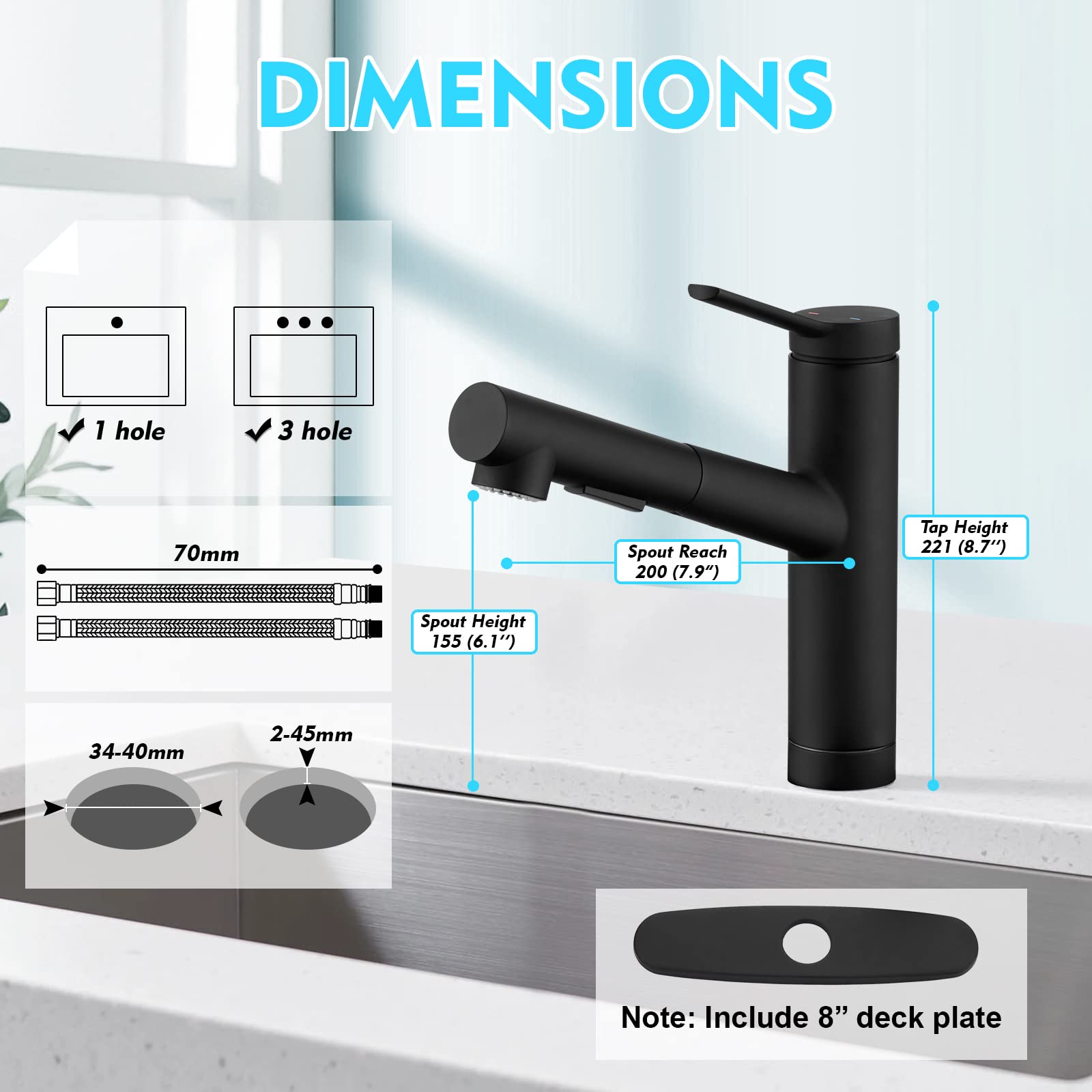 CREA Robinets de bar de cuisine, robinet d'évier de cuisine noir, pulvérisateur extractible utilitaire, petite barre humide, trou de poignée unique, évier commercial moderne pour camping-car, robinet
