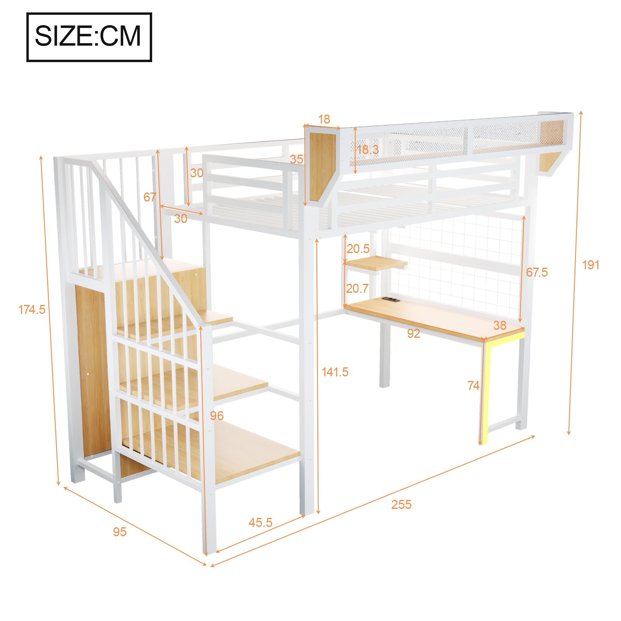 Dolamaní Letto a soppalco 90 × 200 cm in metallo con scala di sicurezza e armadio, altezza 191 cm letto con ripiani in rete rimovibili, illuminazione a LED, scrivania (bianco C)