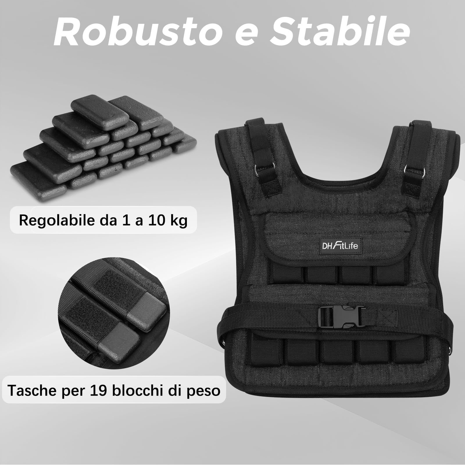DH FitLife Giubbotto Zavorrato Regolabile 10kg/20kg Compatto e Stabile per Sviluppo Muscolare e Allenamento della Forza | Gilet Zavorrato da Corsa per Donna e Uomo | Gilet Pesi | Fitness Weighted Vest
