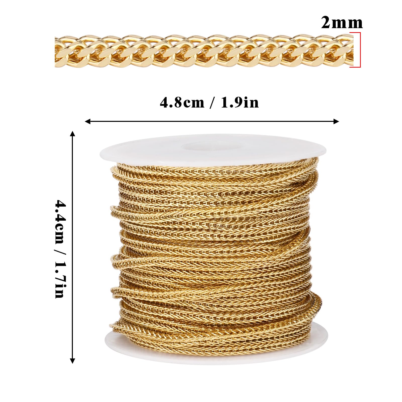 16.5 FT Gold Square Wheat Chains Bulk, 2mm 18K Gold PVD Plated 304 Stainless Steel Small Diamond Cut Braided Franco Chain Roll Spool for Jewelry Making