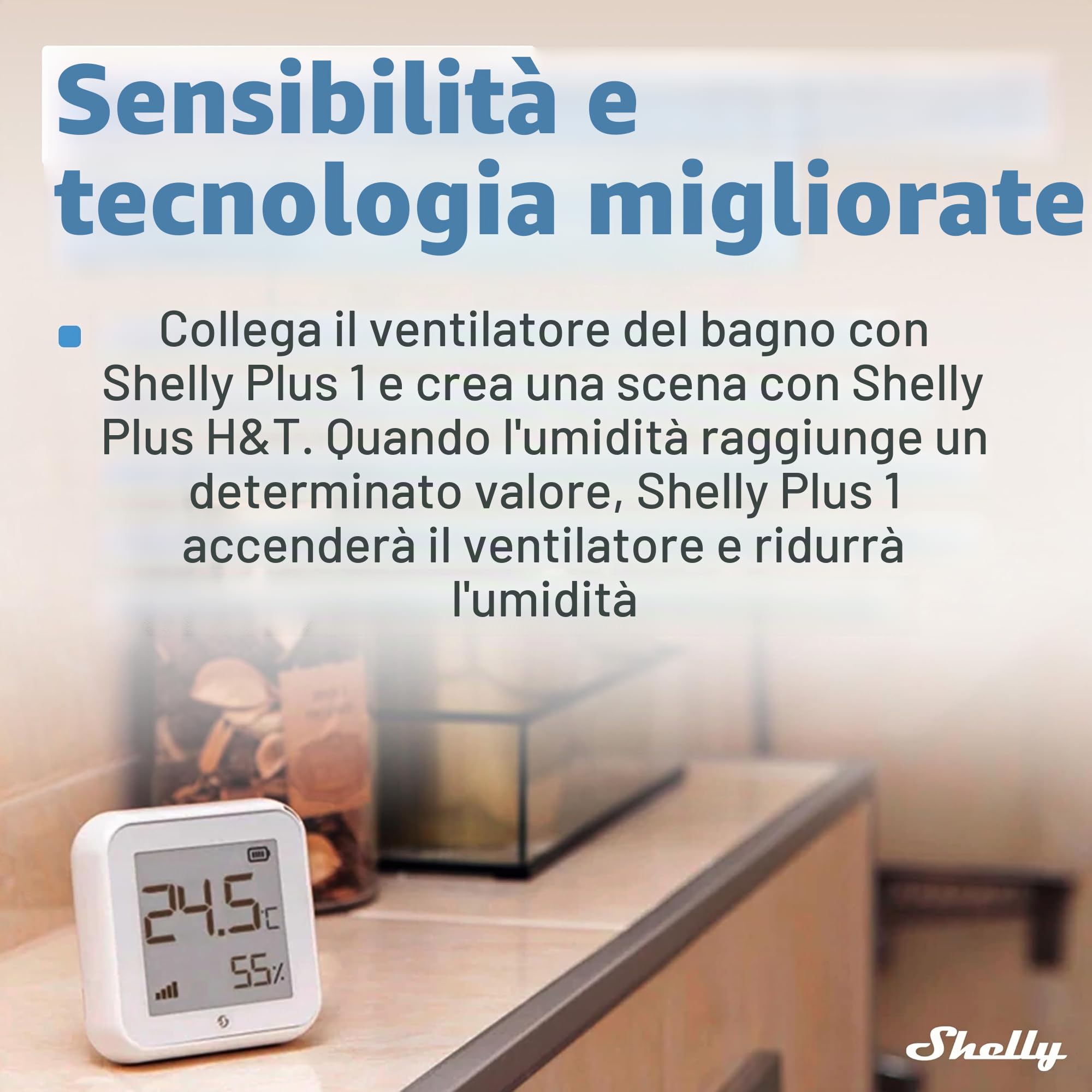 Shelly Plus H&T - Sensore di umidità e temperatura Wi-Fi & Bluetooth, Termometro e Igrometro, Casa intelligente, Compatible con Alexa e Google home, App iOS Android