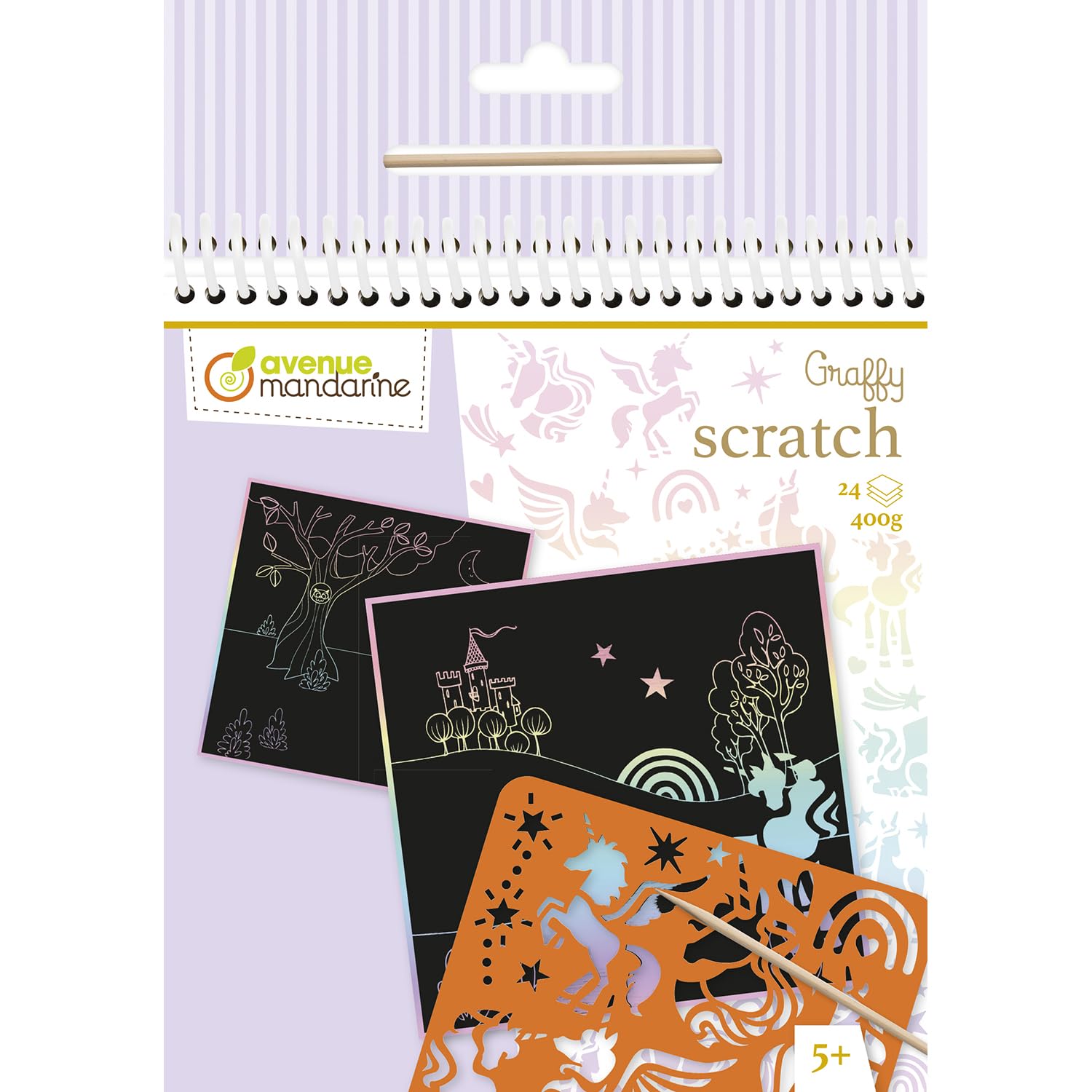 Avenue Mandarine GY161C, A Graffy Scratch Booklet of 24 pre-Printed Scratch Cards + 1 Stencil and Wooden Stylus Included